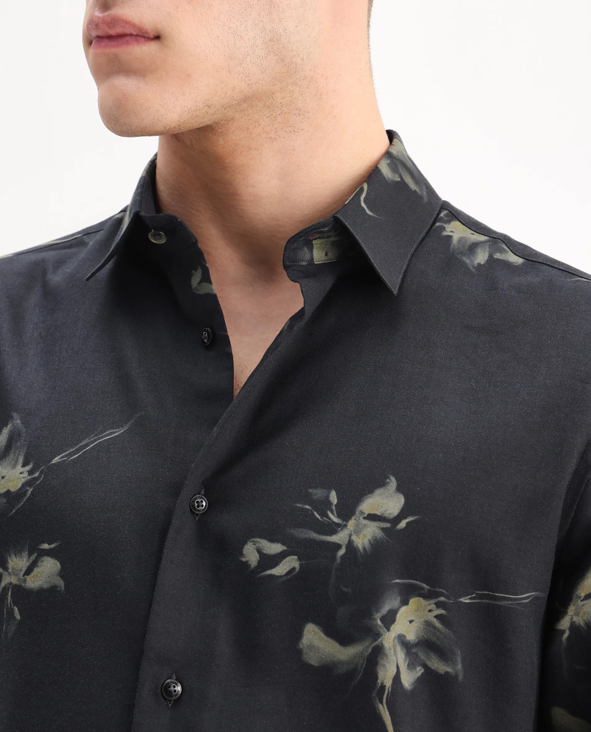 Rare Rabbit Men's Flaro Black Viscose Floral Print Regular Fit Full Sleeve Collared Shirt