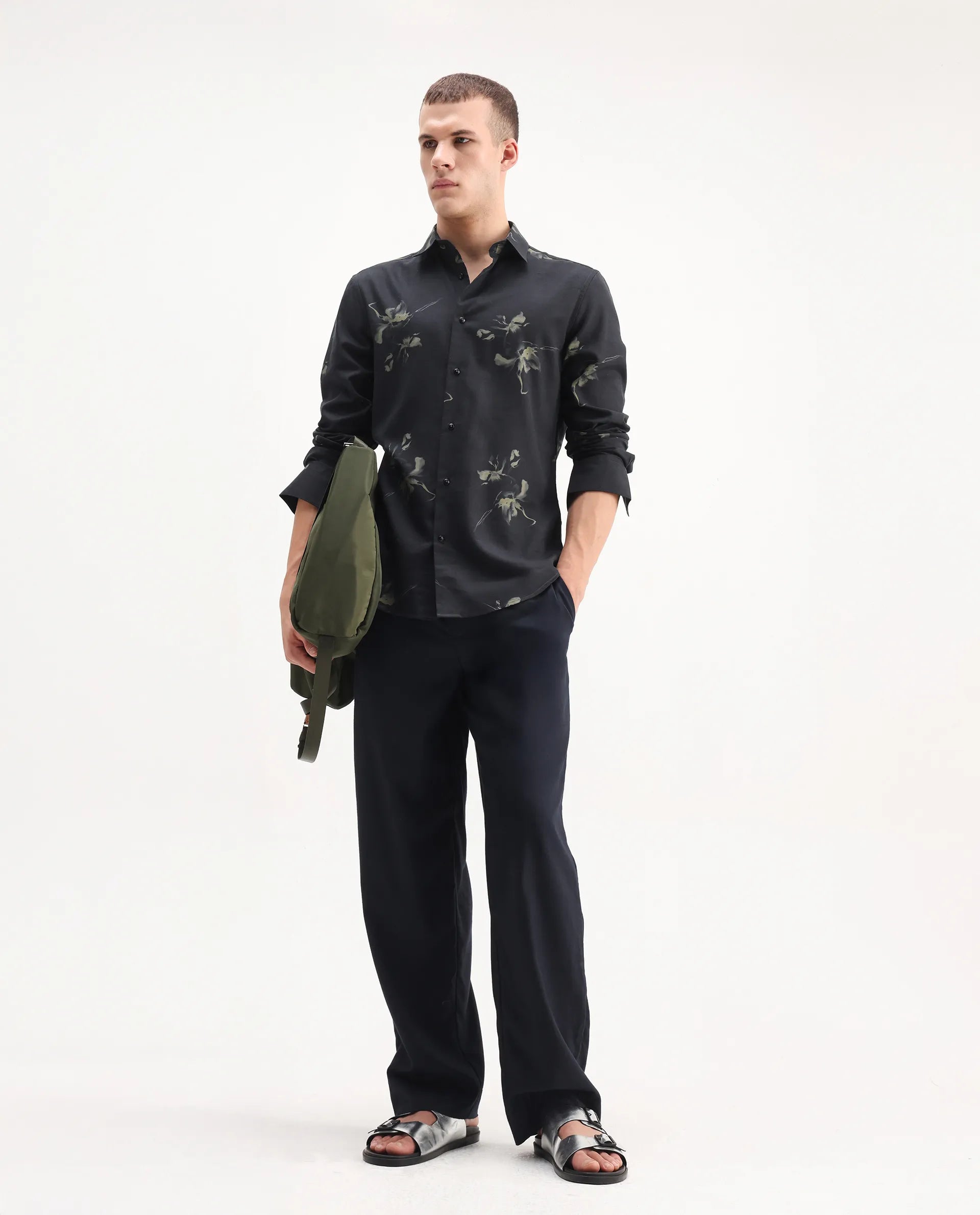 Rare Rabbit Men's Flaro Black Viscose Floral Print Regular Fit Full Sleeve Collared Shirt