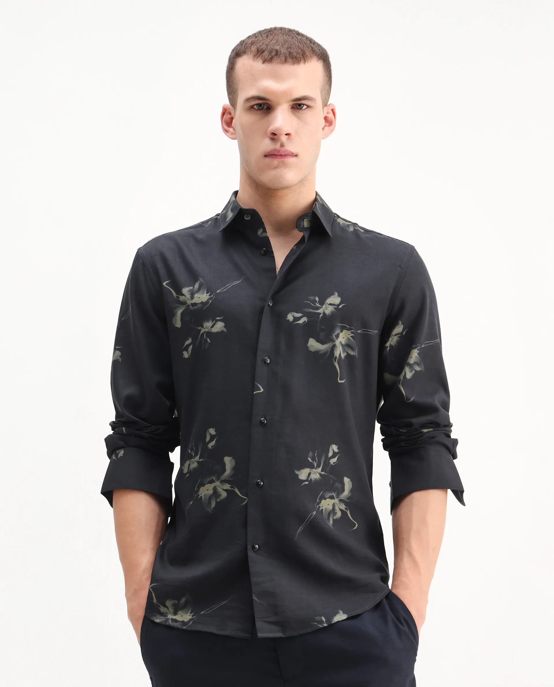 Rare Rabbit Men's Flaro Black Viscose Floral Print Regular Fit Full Sleeve Collared Shirt