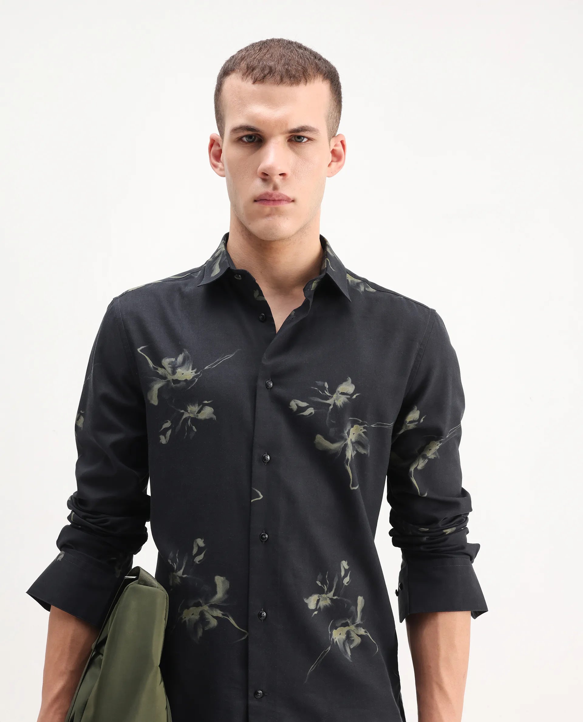 Rare Rabbit Men's Flaro Black Viscose Floral Print Regular Fit Full Sleeve Collared Shirt