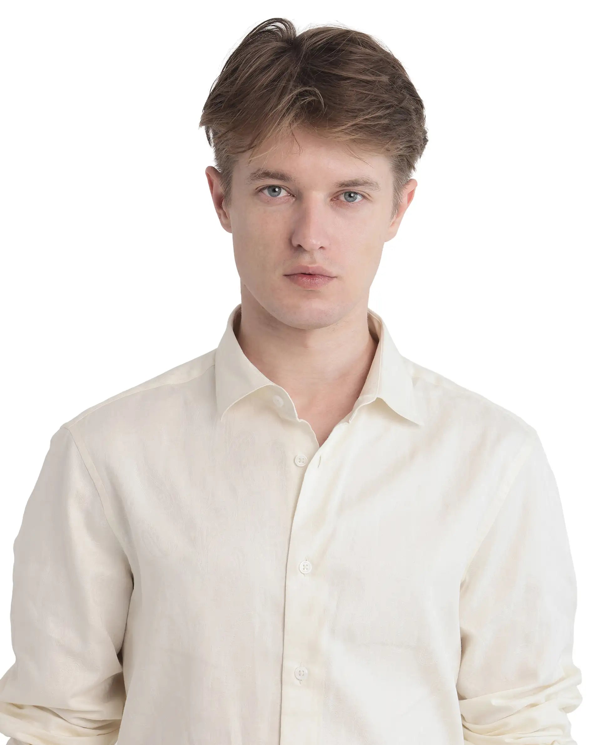 Rare Rabbit Men Flarp Off White Cotton Fabric Full Sleeve Collared Neck Button Closure Regular Fit Jacquard Shirt