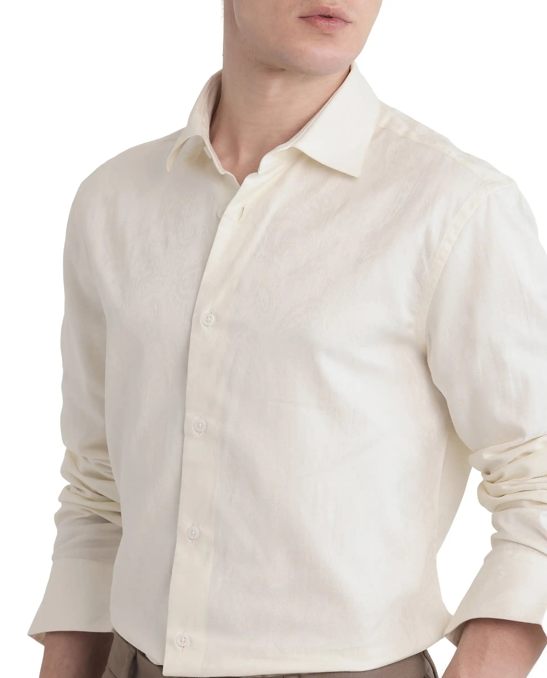 Rare Rabbit Men Flarp Off White Cotton Fabric Full Sleeve Collared Neck Button Closure Regular Fit Jacquard Shirt