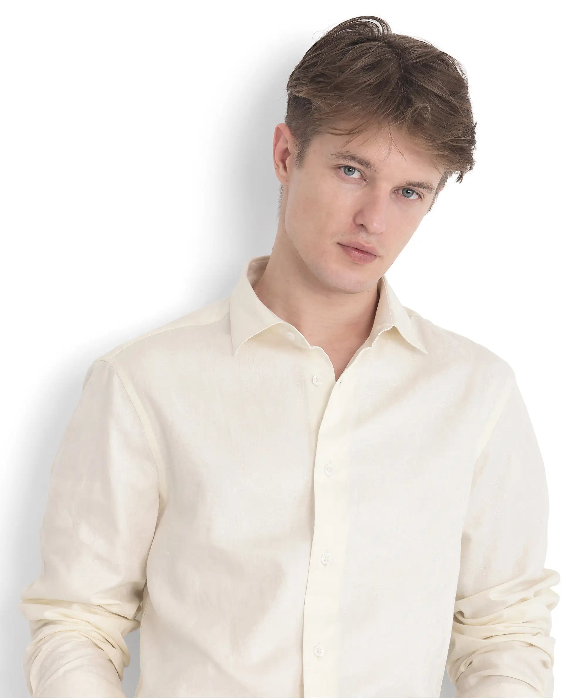 Rare Rabbit Men Flarp Off White Cotton Fabric Full Sleeve Collared Neck Button Closure Regular Fit Jacquard Shirt