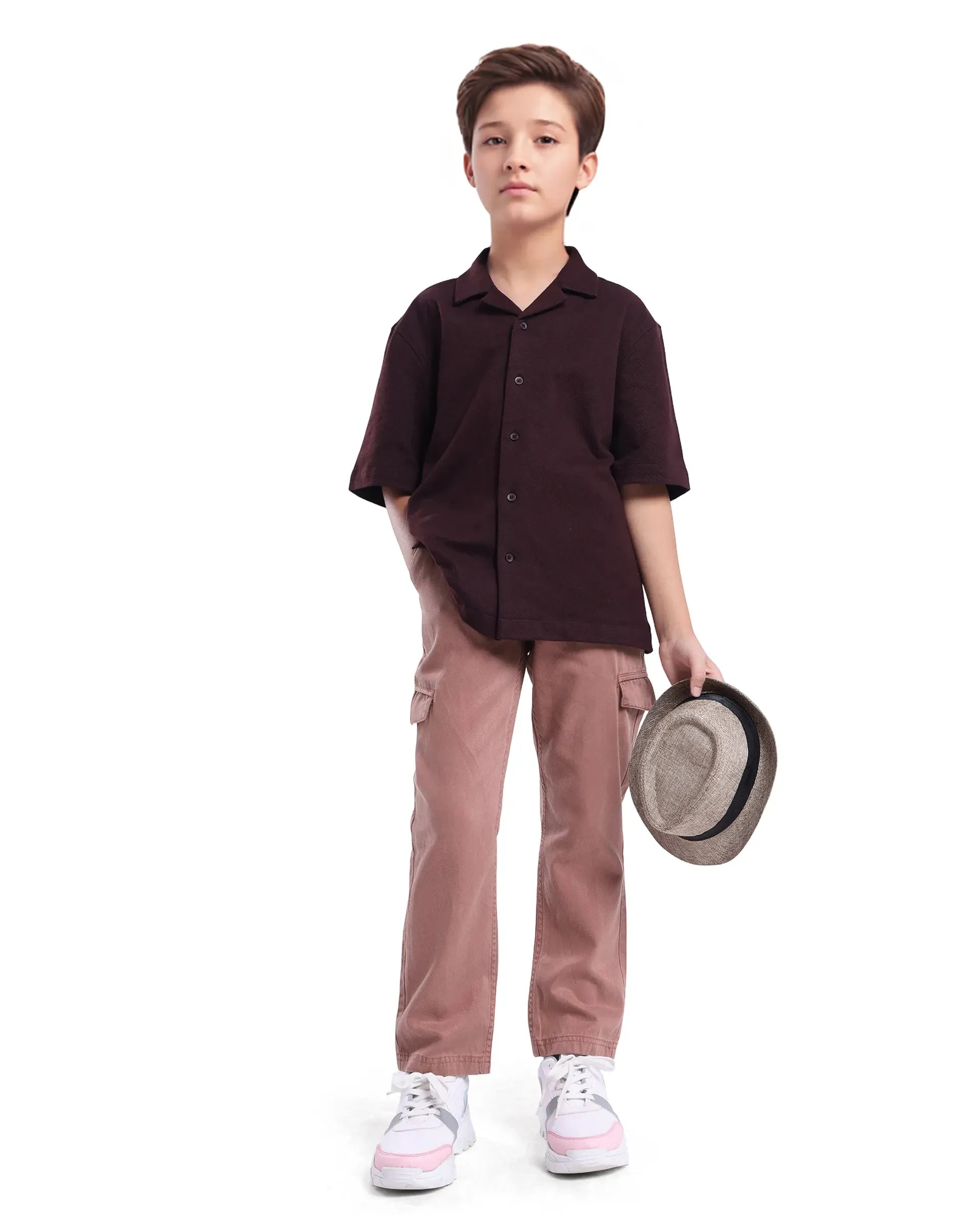 Rare Ones Kids Flat Dusky Peach Cotton Button And Zip Closure Plain Regular Fit Trouser