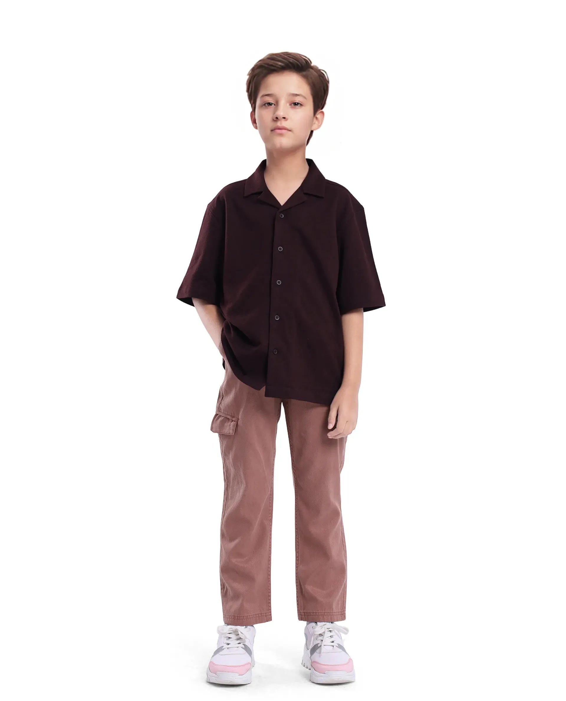 Rare Ones Kids Flat Dusky Peach Cotton Button And Zip Closure Plain Regular Fit Trouser