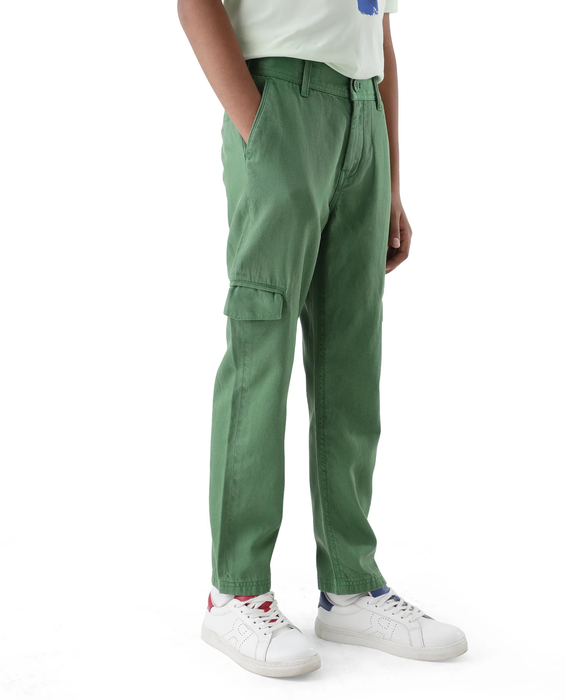 Rare Ones Kids Flat Green Cotton Button And Zip Closure Plain Regular Fit Trouser