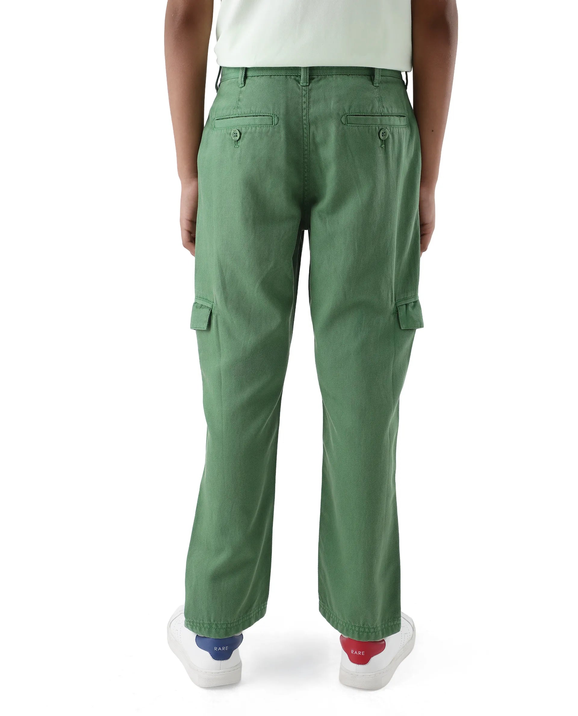 Rare Ones Kids Flat Green Cotton Button And Zip Closure Plain Regular Fit Trouser