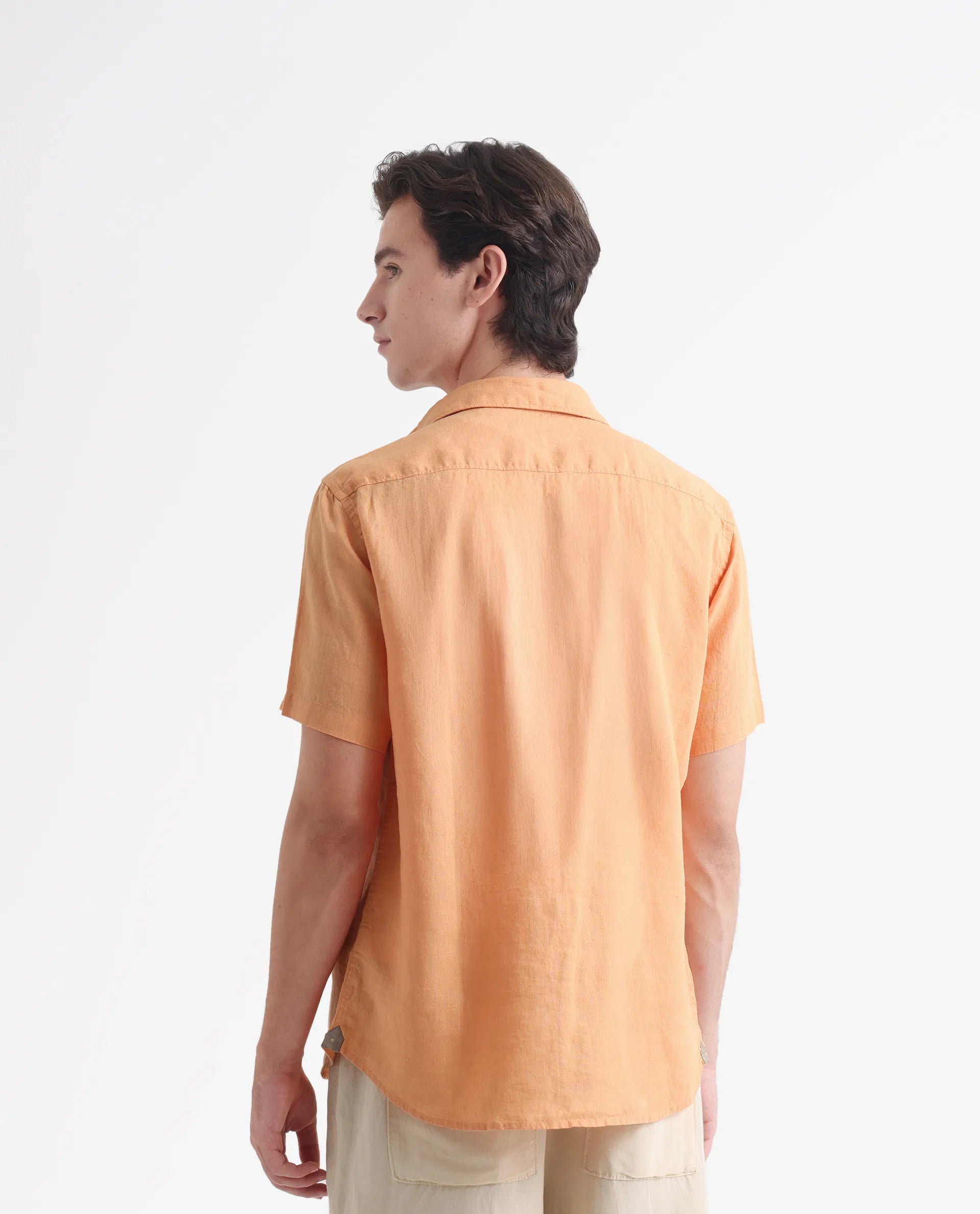 Rare Rabbit Men's Flax Ss Orange 100% Linen Plain Regular Fit Half Sleeve Collared Shirt