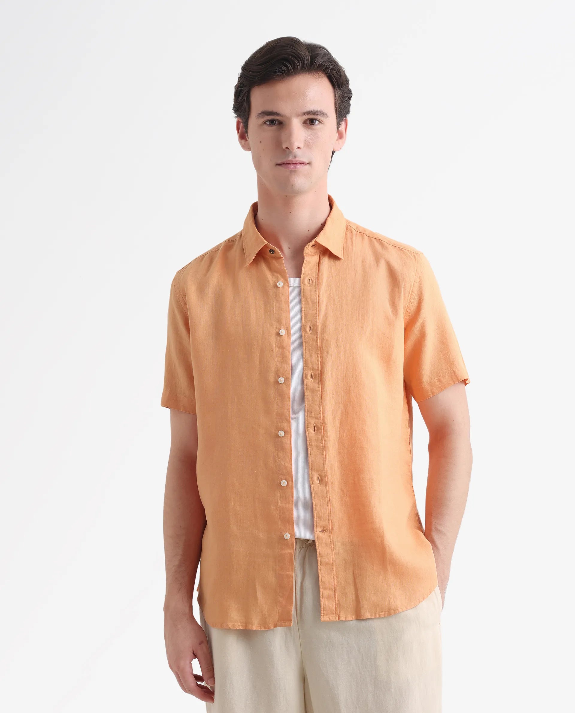 Rare Rabbit Men's Flax Ss Orange 100% Linen Plain Regular Fit Half Sleeve Collared Shirt