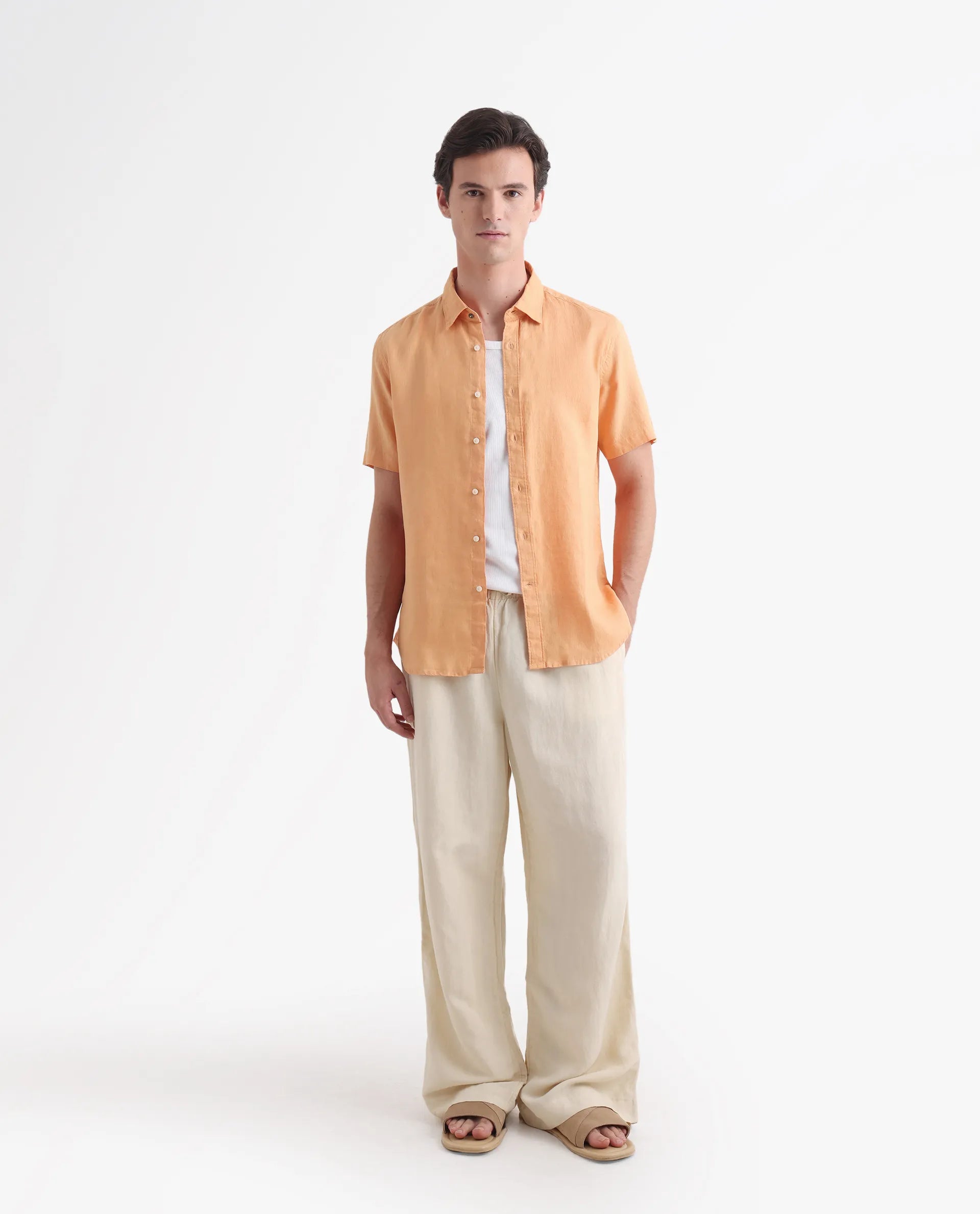 Rare Rabbit Men's Flax Ss Orange 100% Linen Plain Regular Fit Half Sleeve Collared Shirt