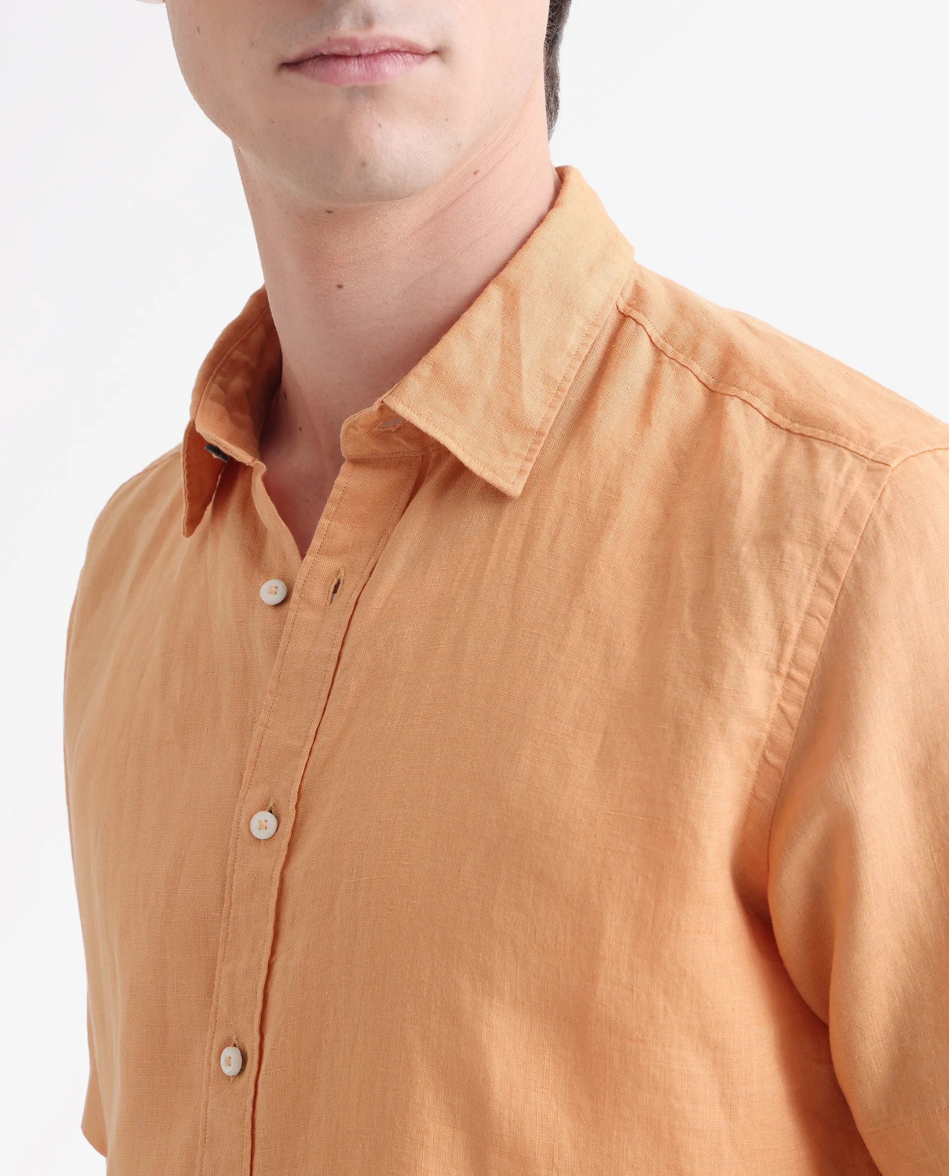 Rare Rabbit Men's Flax Ss Orange 100% Linen Plain Regular Fit Half Sleeve Collared Shirt