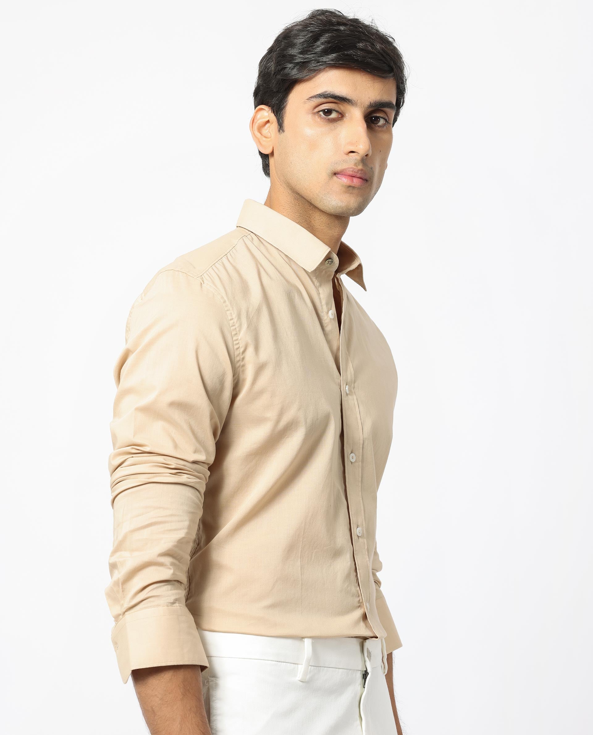 Rare Rabbit Men's Flees Beige Cotton Fabric Full Sleeves Solid Shirt