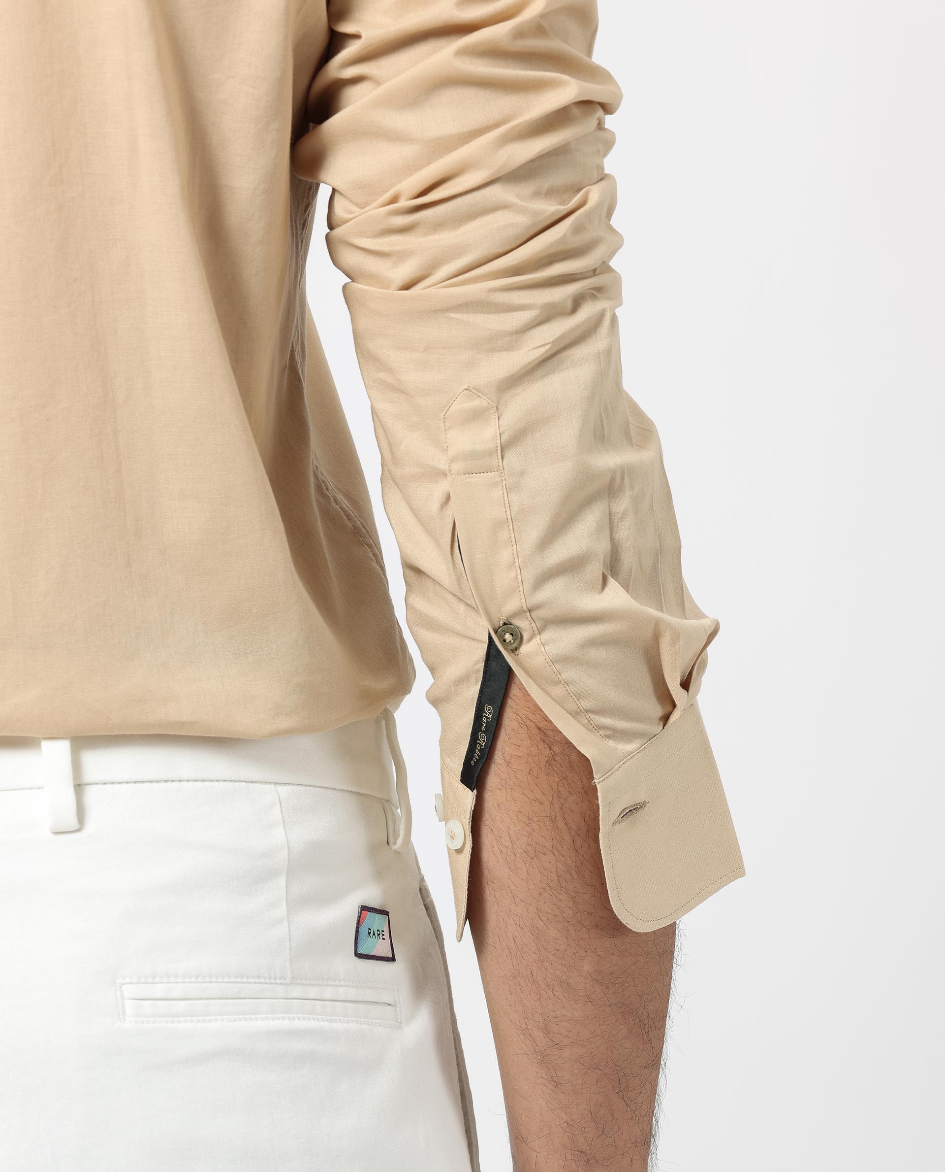 Rare Rabbit Men's Flees Beige Cotton Fabric Full Sleeves Solid Shirt