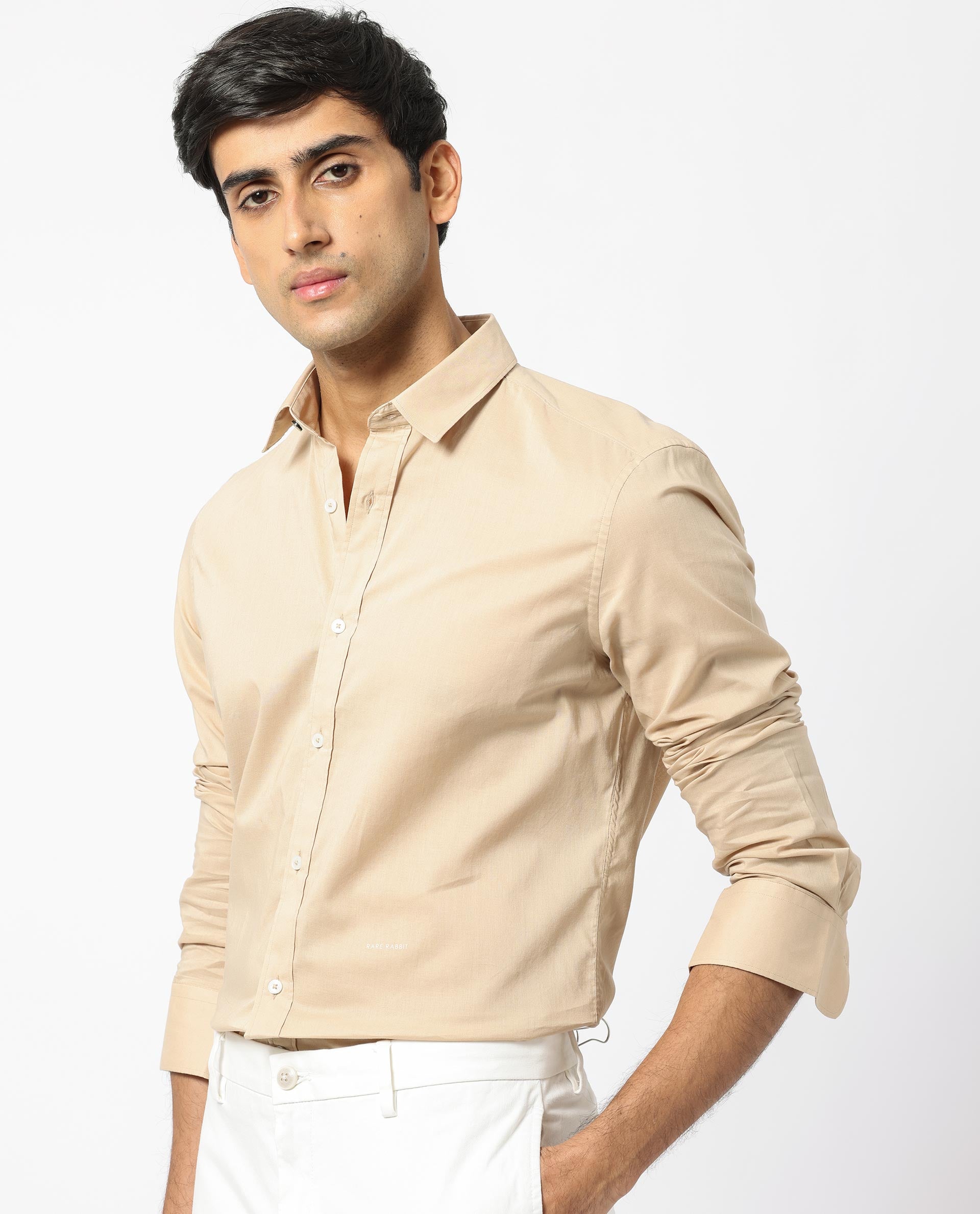 Rare Rabbit Men's Flees Beige Cotton Fabric Full Sleeves Solid Shirt