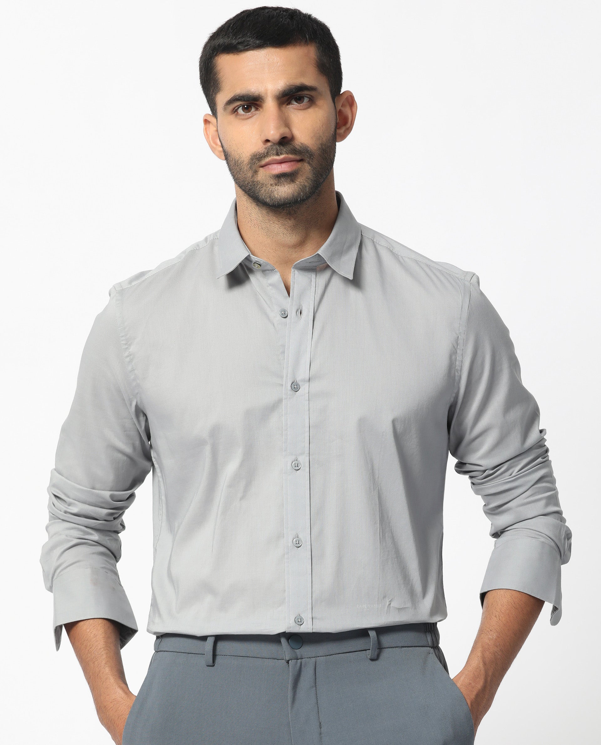Rare Rabbit Men's Flees Grey Cotton Fabric Full Sleeves Solid Shirt