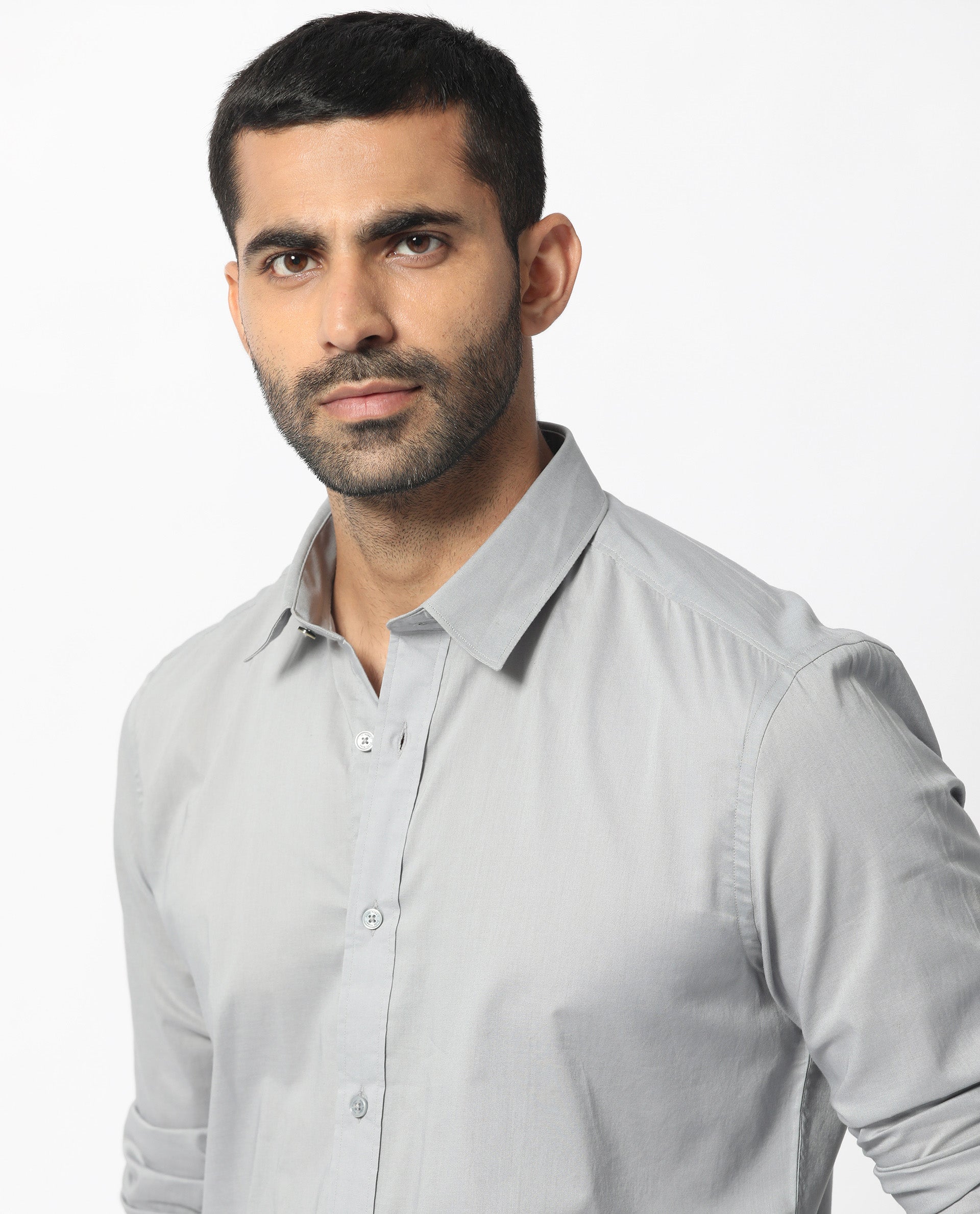 Rare Rabbit Men's Flees Grey Cotton Fabric Full Sleeves Solid Shirt