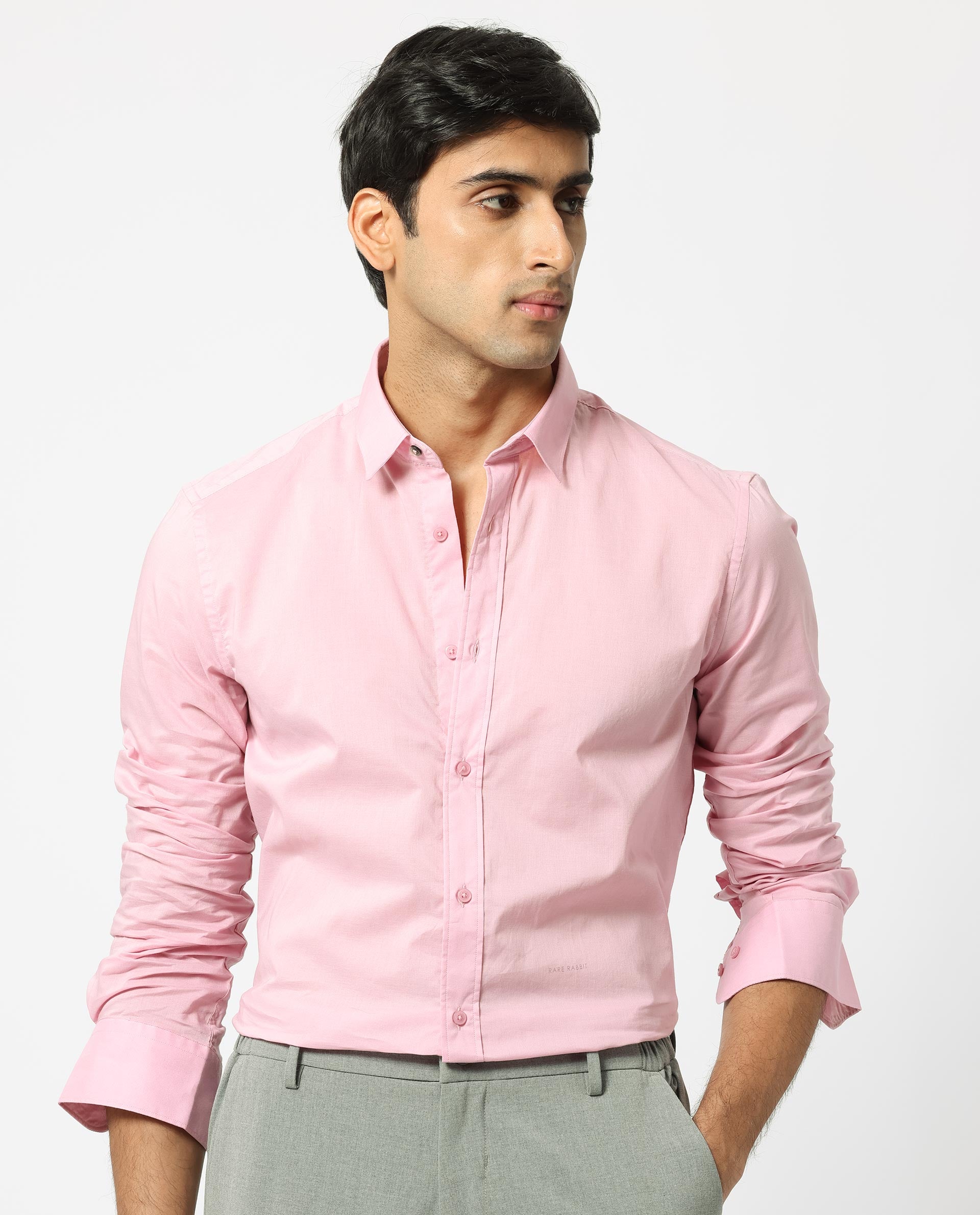 Rare Rabbit Men's Flees Pink Cotton Fabric Full Sleeves Solid Shirt