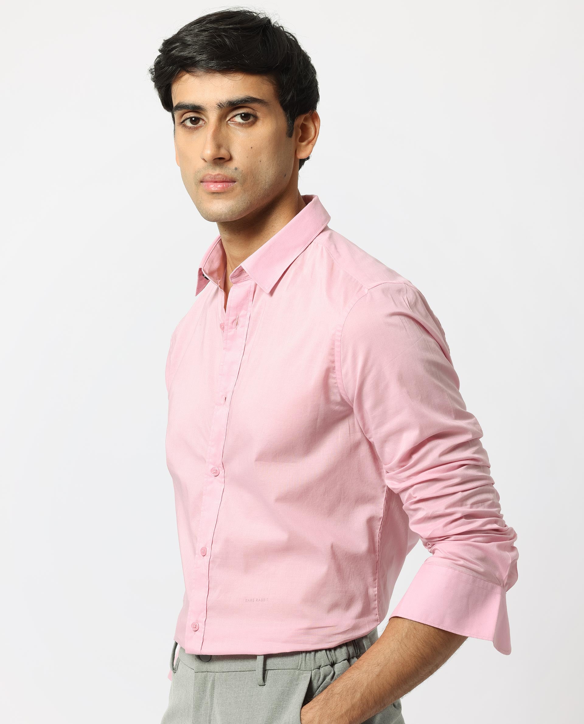 Rare Rabbit Men's Flees Pink Cotton Fabric Full Sleeves Solid Shirt