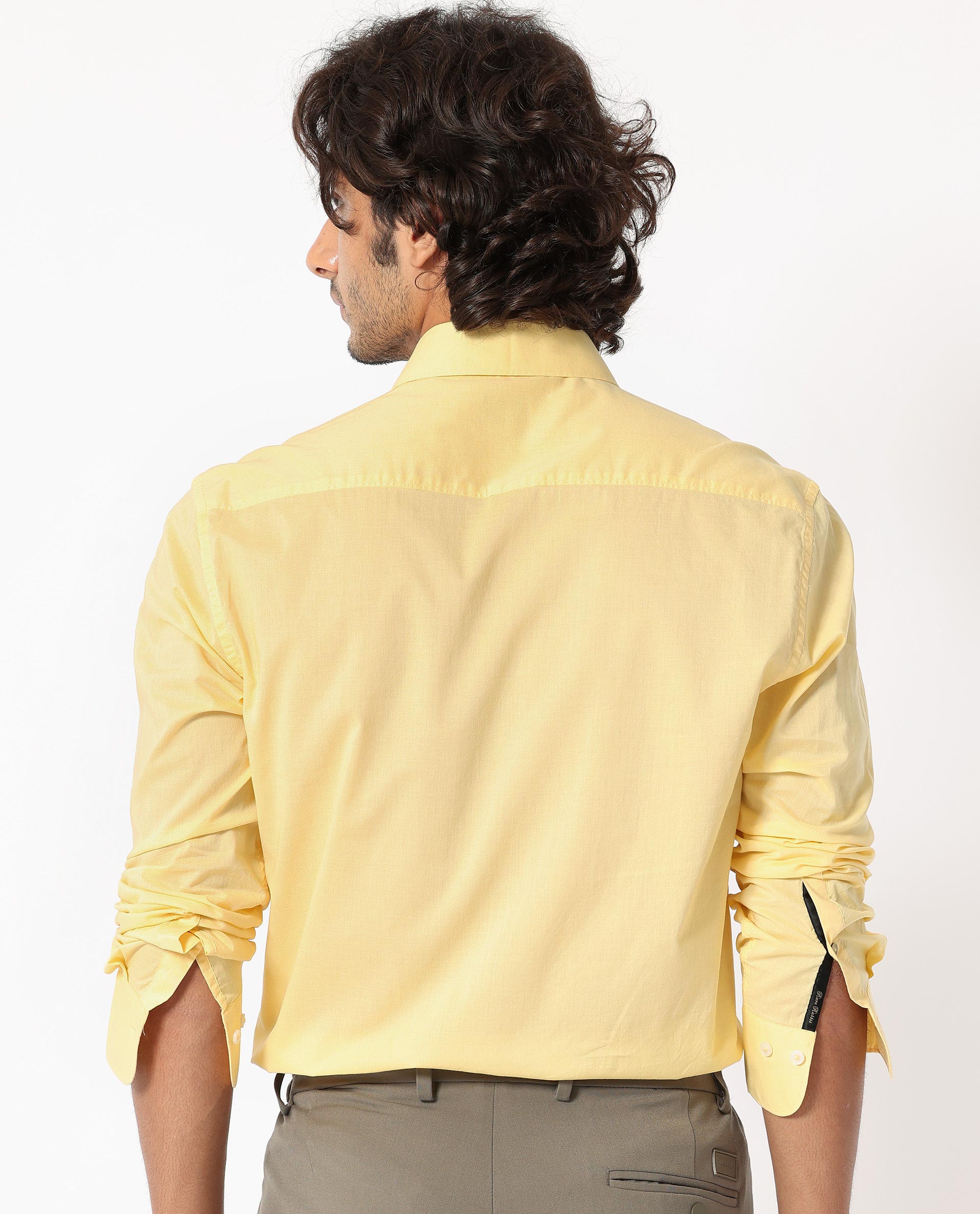 Rare Rabbit Men's Flees Yellow Cotton Fabric Full Sleeves Solid Shirt