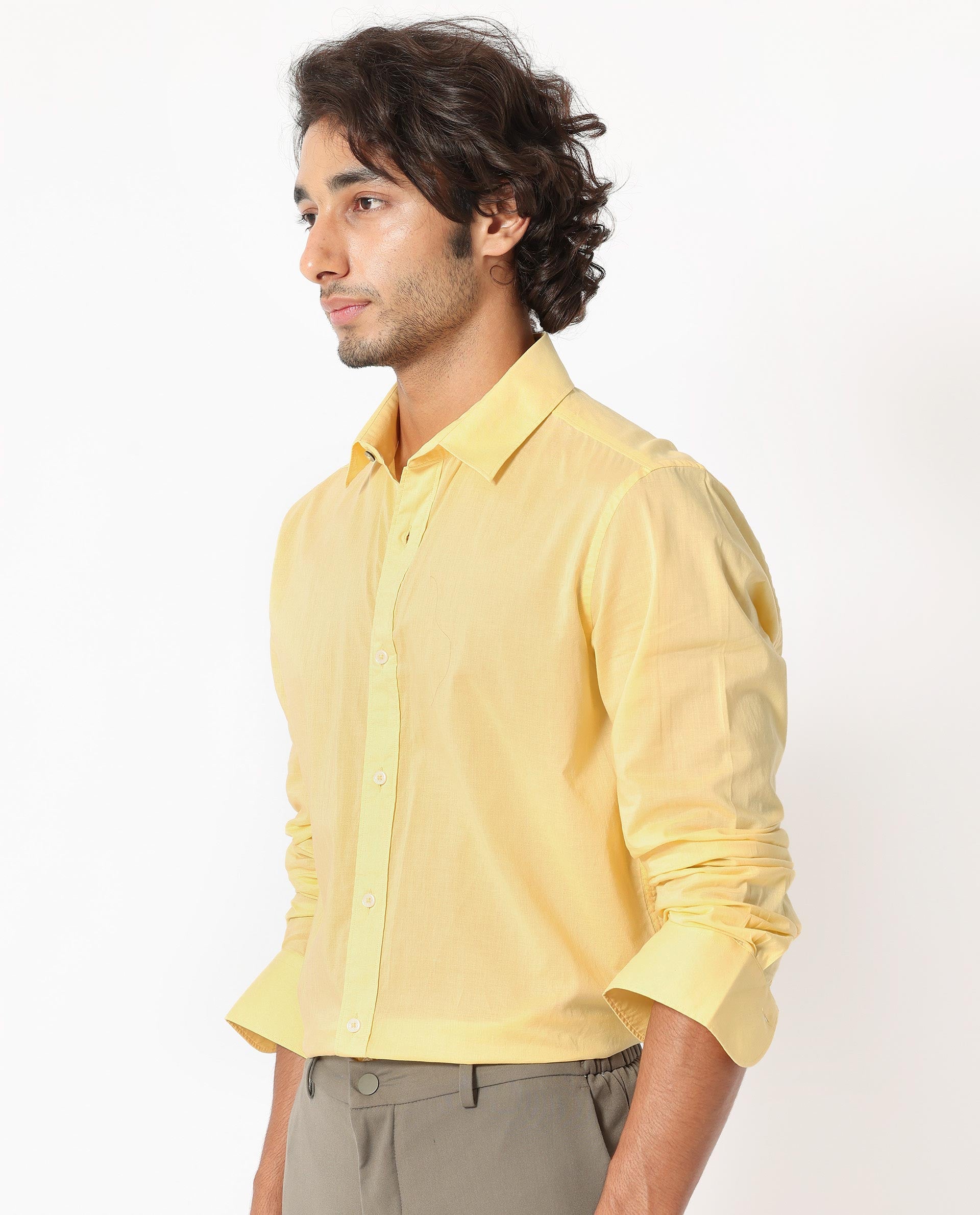 Rare Rabbit Men's Flees Yellow Cotton Fabric Full Sleeves Solid Shirt