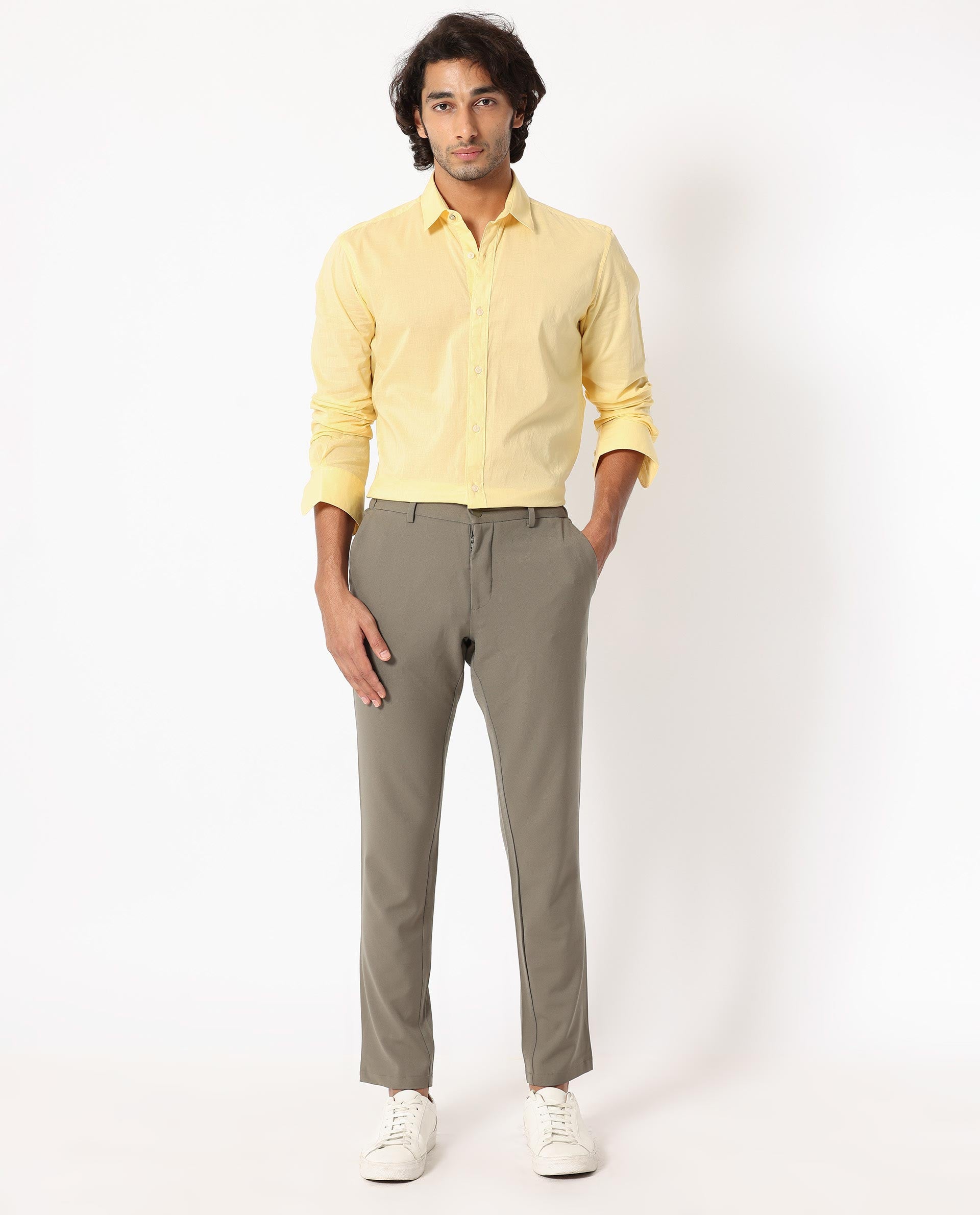 Rare Rabbit Men's Flees Yellow Cotton Fabric Full Sleeves Solid Shirt