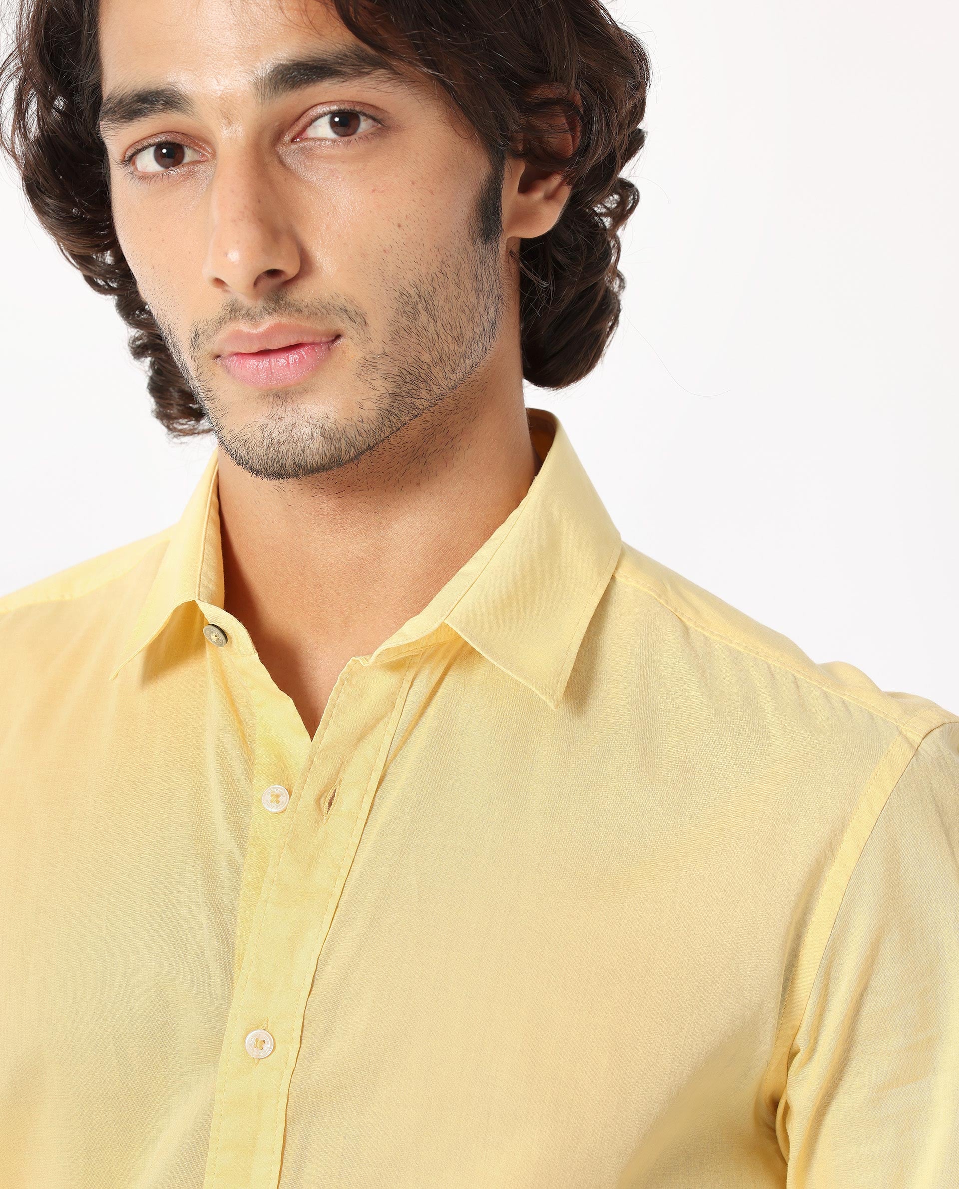 Rare Rabbit Men's Flees Yellow Cotton Fabric Full Sleeves Solid Shirt