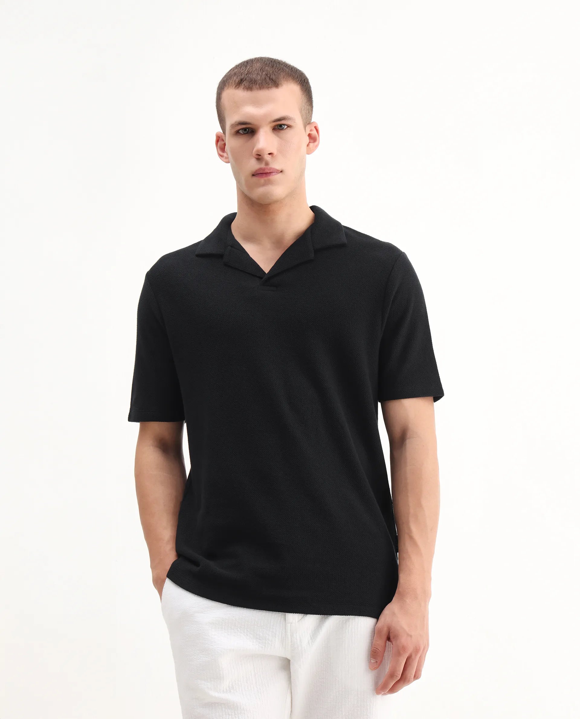 Rare Rabbit Men's Flen Black Cotton Plain Regular Fit Half Sleeve Polo