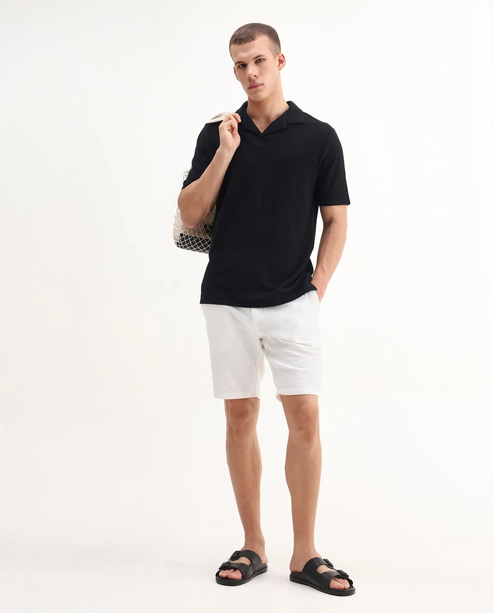 Rare Rabbit Men's Flen Black Cotton Plain Regular Fit Half Sleeve Polo