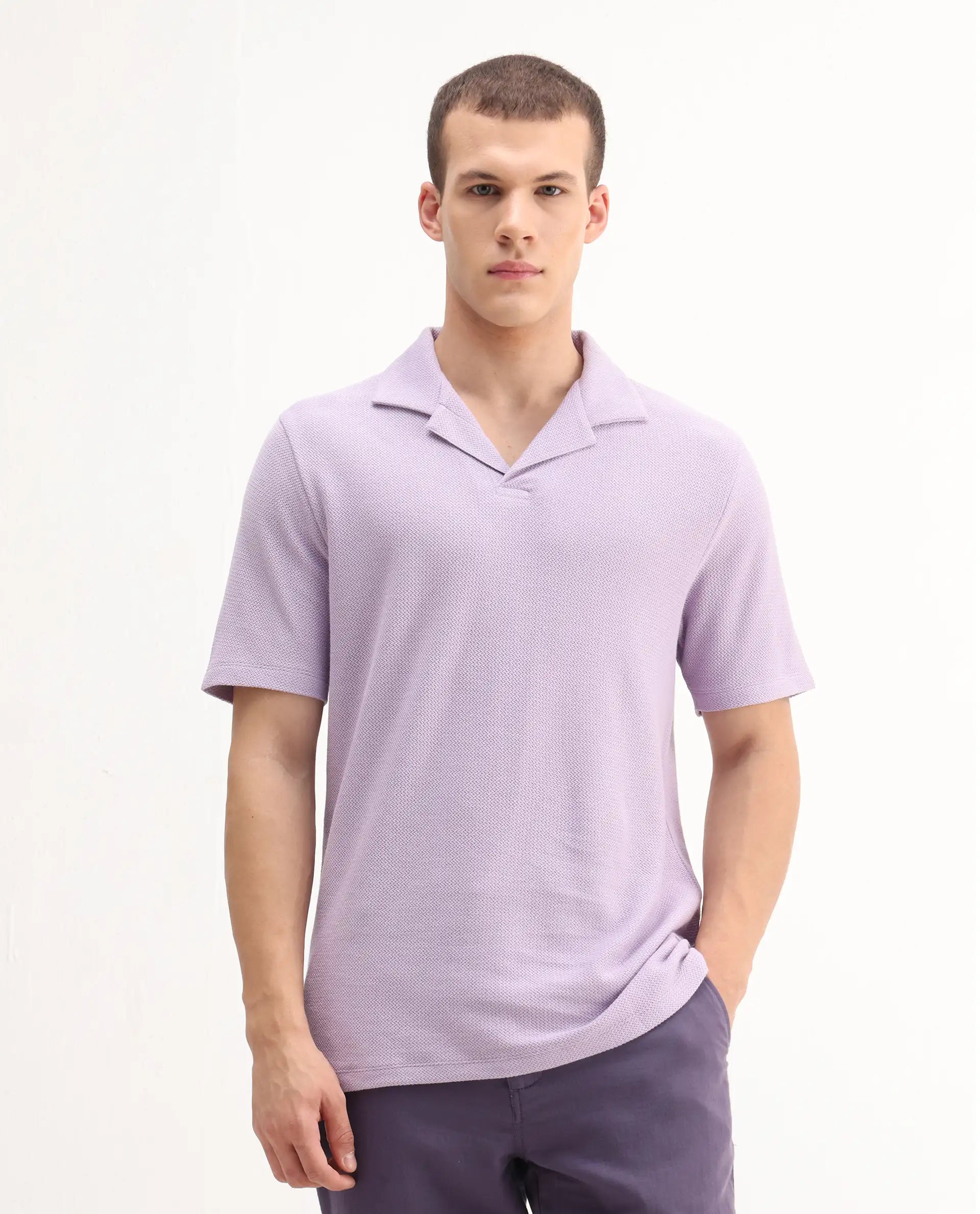 Rare Rabbit Men's Flen Pastel Purple Cotton Plain Regular Fit Half Sleeve Polo