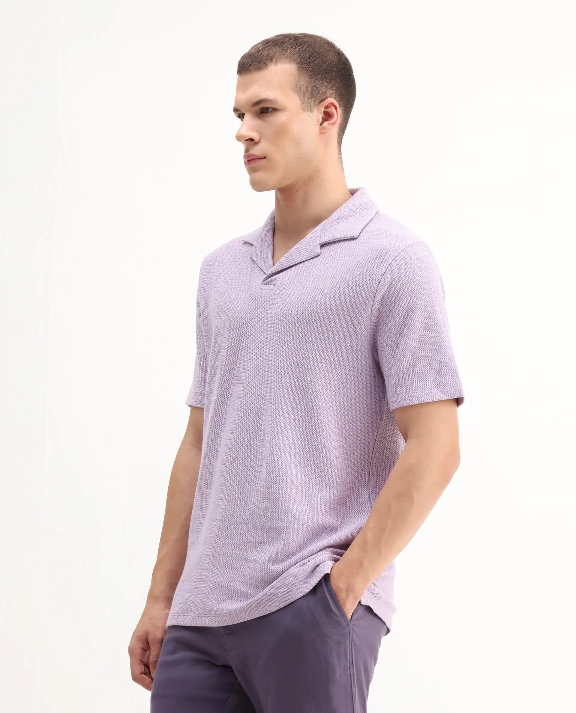 Rare Rabbit Men's Flen Pastel Purple Cotton Plain Regular Fit Half Sleeve Polo