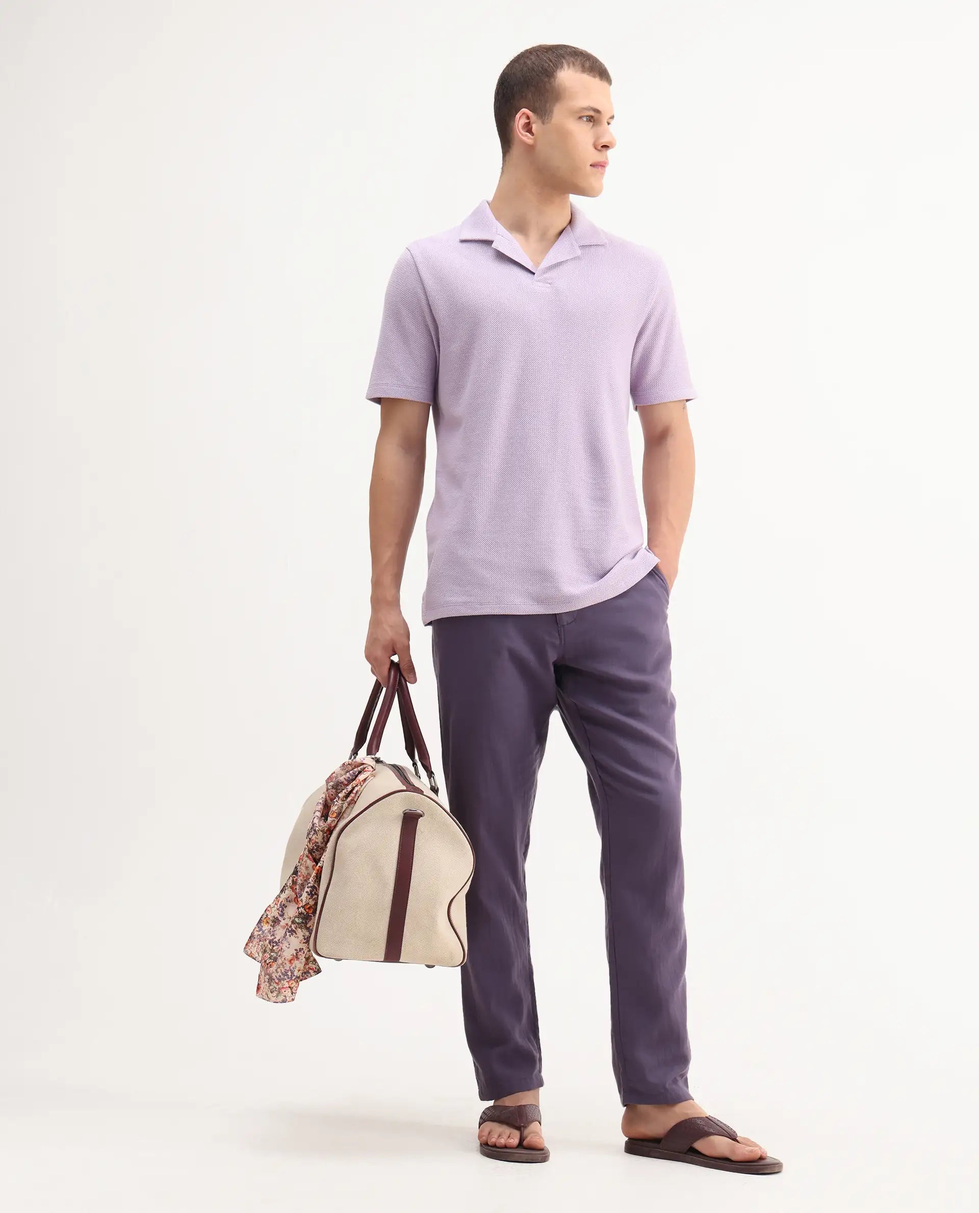 Rare Rabbit Men's Flen Pastel Purple Cotton Plain Regular Fit Half Sleeve Polo