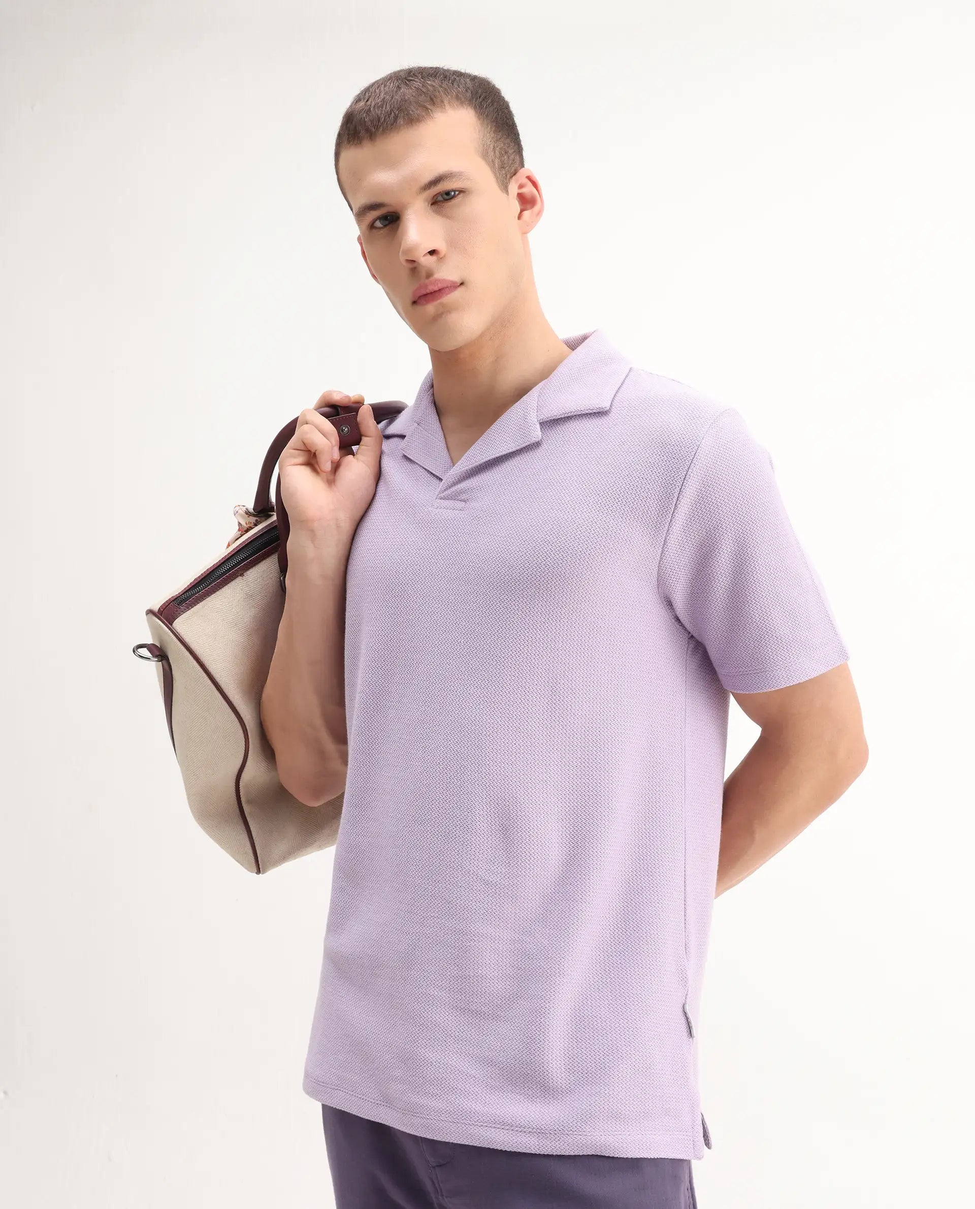 Rare Rabbit Men's Flen Pastel Purple Cotton Plain Regular Fit Half Sleeve Polo