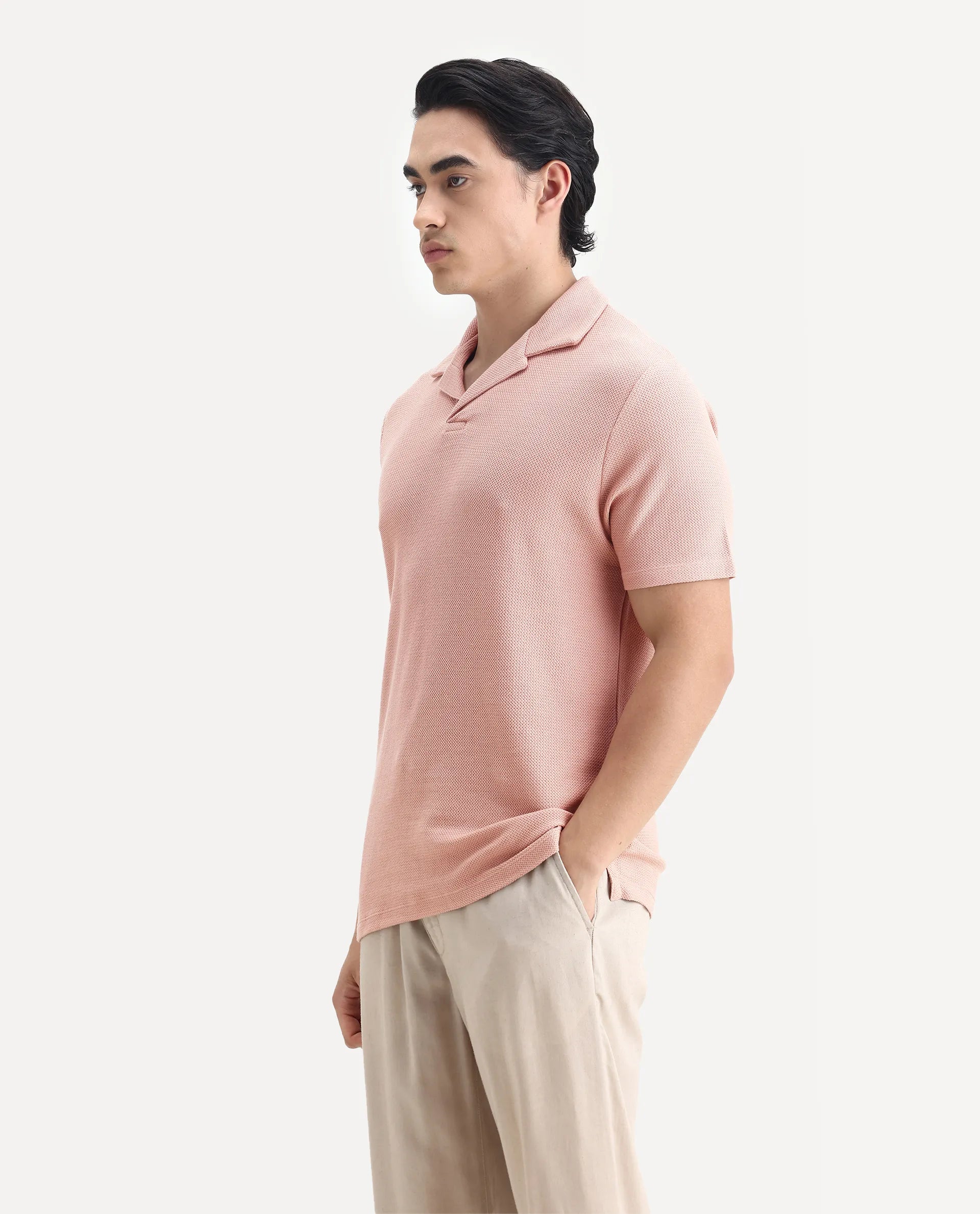 Rare Rabbit Men's Flen Pastel Peach Cotton Plain Regular Fit Half Sleeve Polo