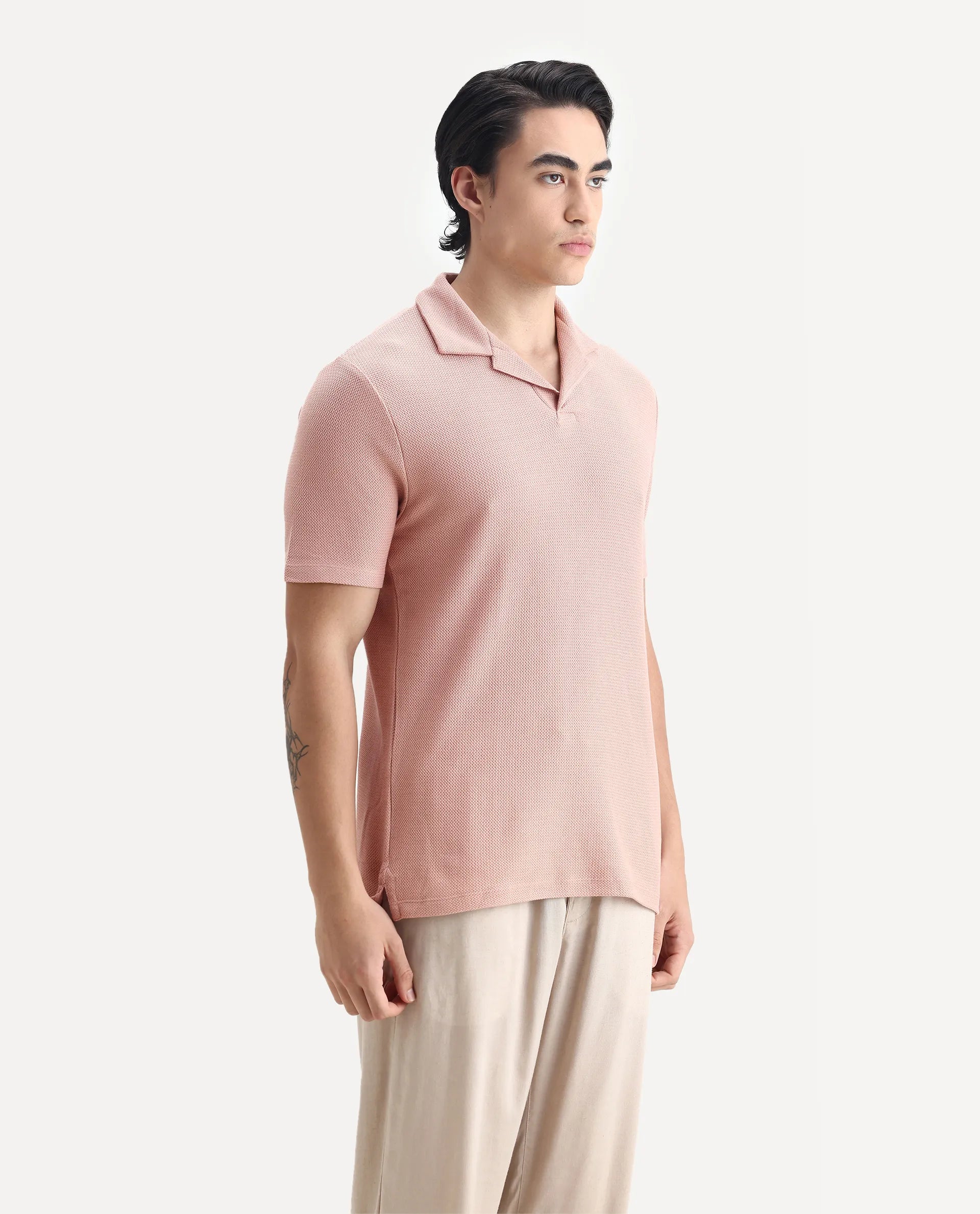 Rare Rabbit Men's Flen Pastel Peach Cotton Plain Regular Fit Half Sleeve Polo