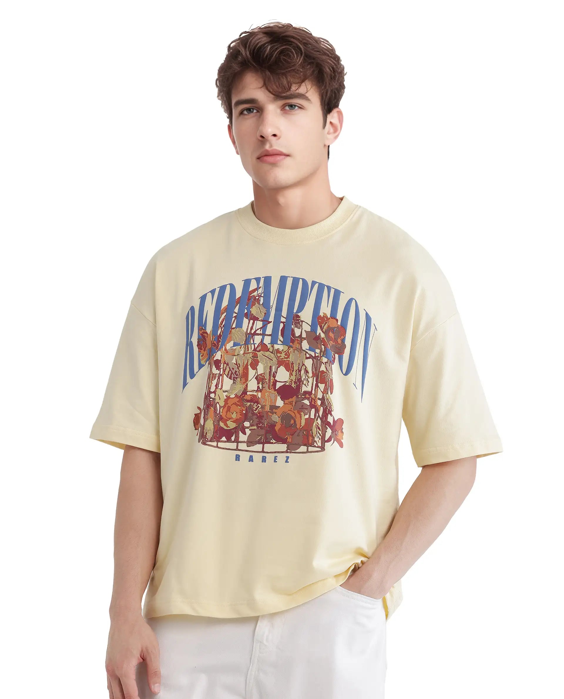 Rare Rabbit Men Fler Pastel Yellow Cotton Fabric Short Sleeve Crew Neck Oversized Fit Hd and Typography Print T-Shirt