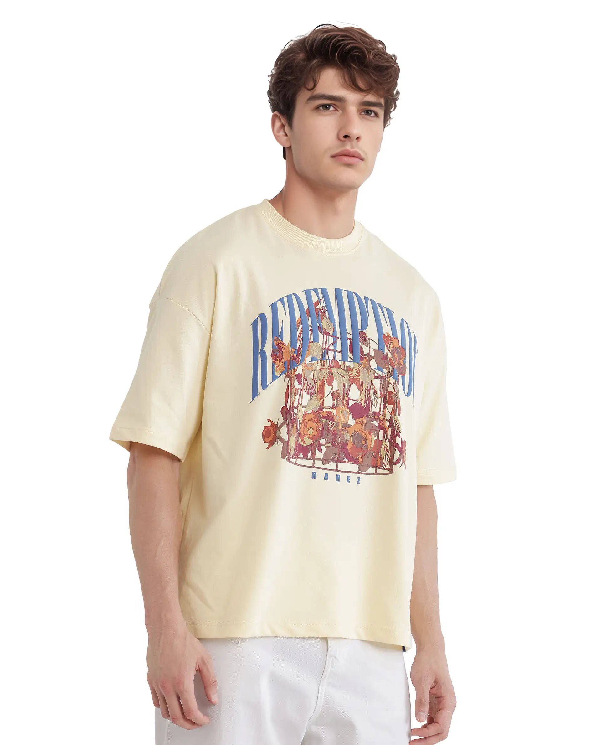 Rare Rabbit Men Fler Pastel Yellow Cotton Fabric Short Sleeve Crew Neck Oversized Fit Hd and Typography Print T-Shirt