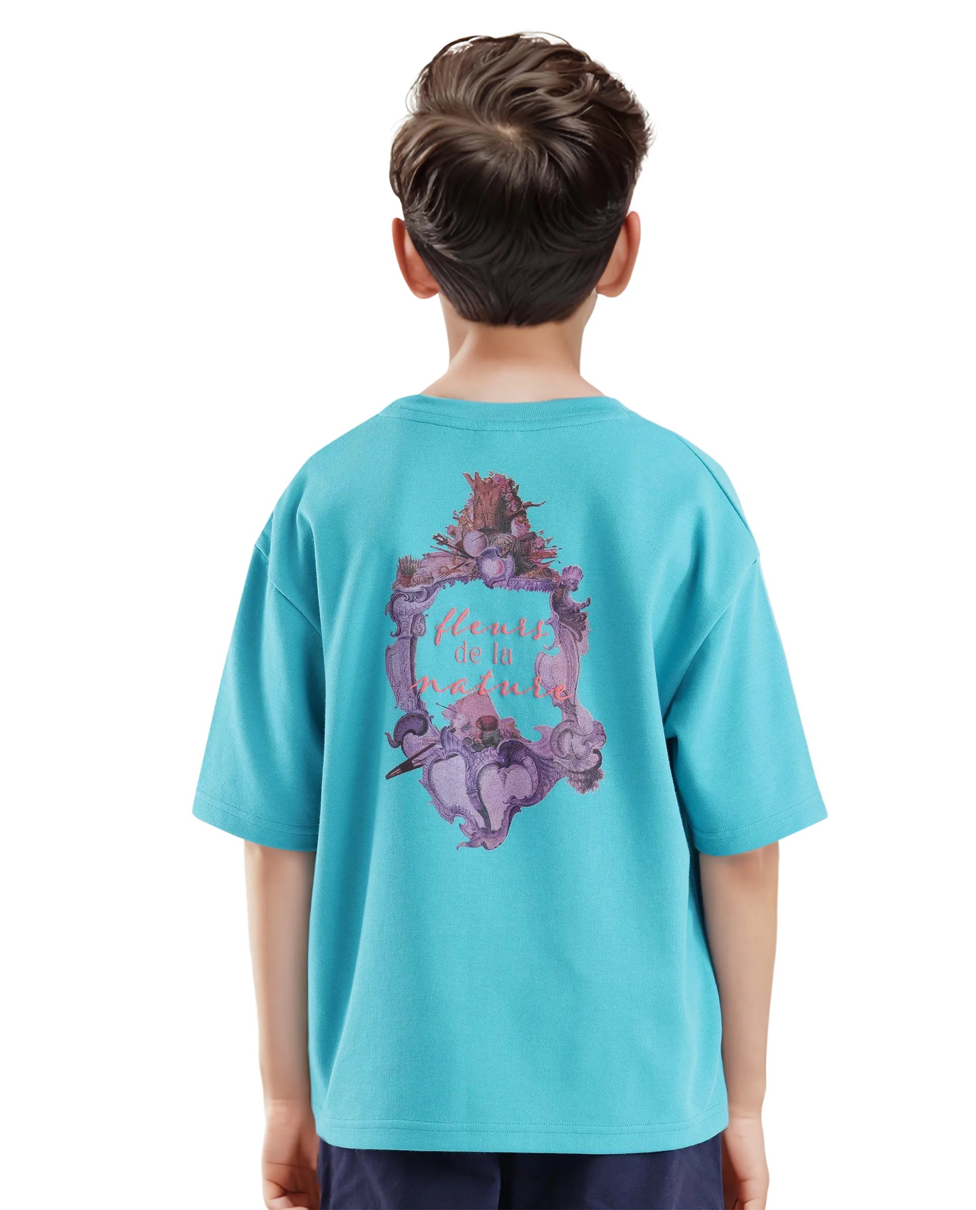 Rare Ones Kids Fleu Turq Cotton Poly Short Sleeve Crew Neck Cmyk Print Boxy T-Shirt