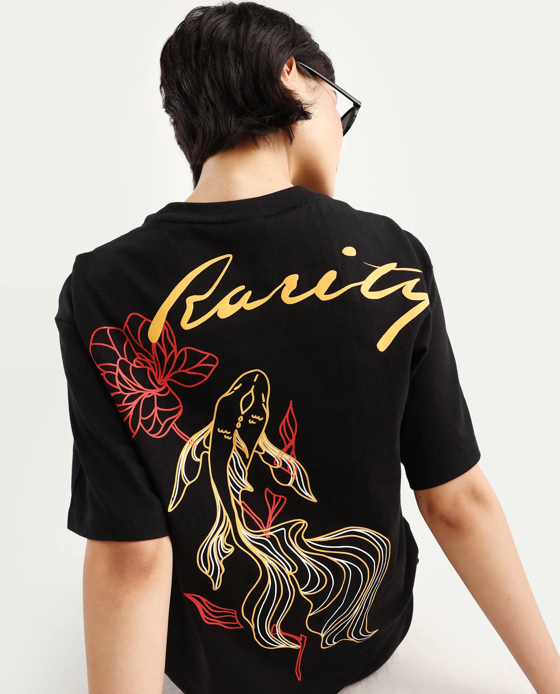 Rareism Women's Flex Black Cotton Blend Crew Neck Graphic Print Oversized T-Shirt