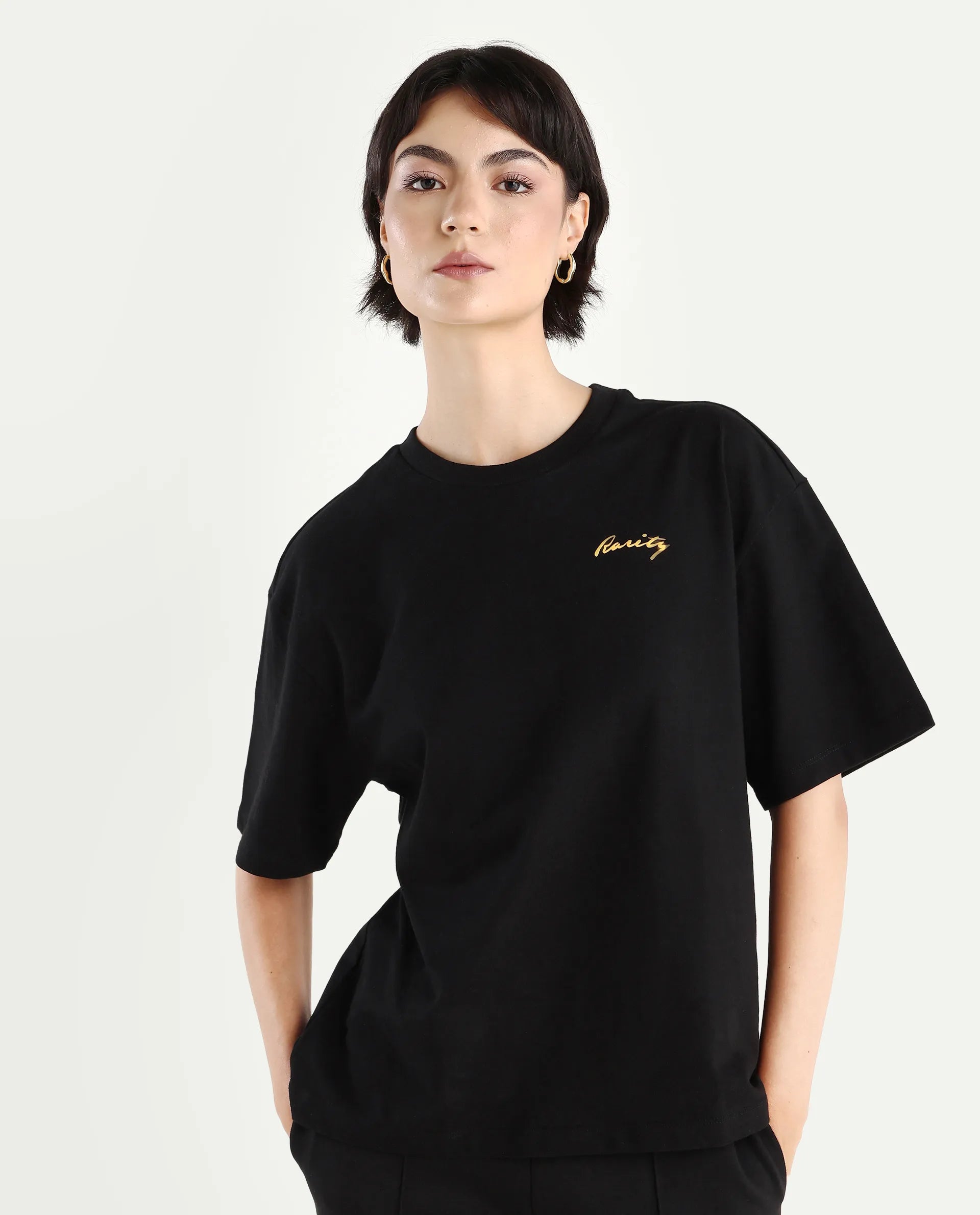 Rareism Women's Flex Black Cotton Blend Crew Neck Graphic Print Oversized T-Shirt