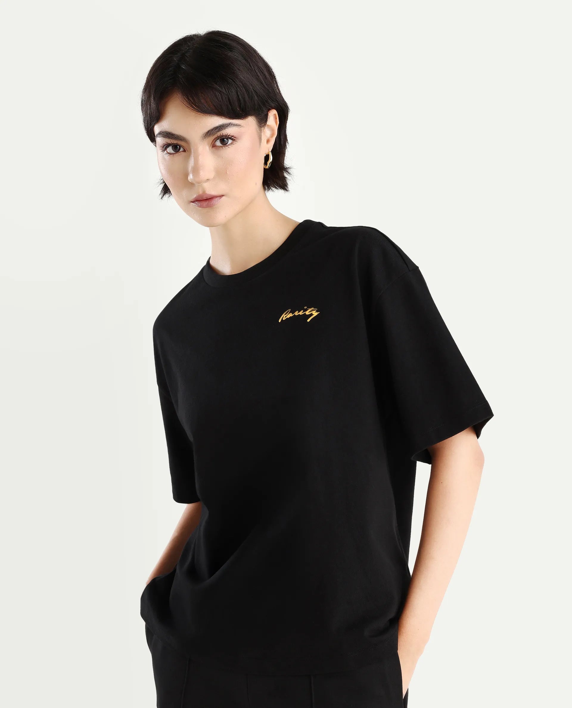 Rareism Women's Flex Black Cotton Blend Crew Neck Graphic Print Oversized T-Shirt