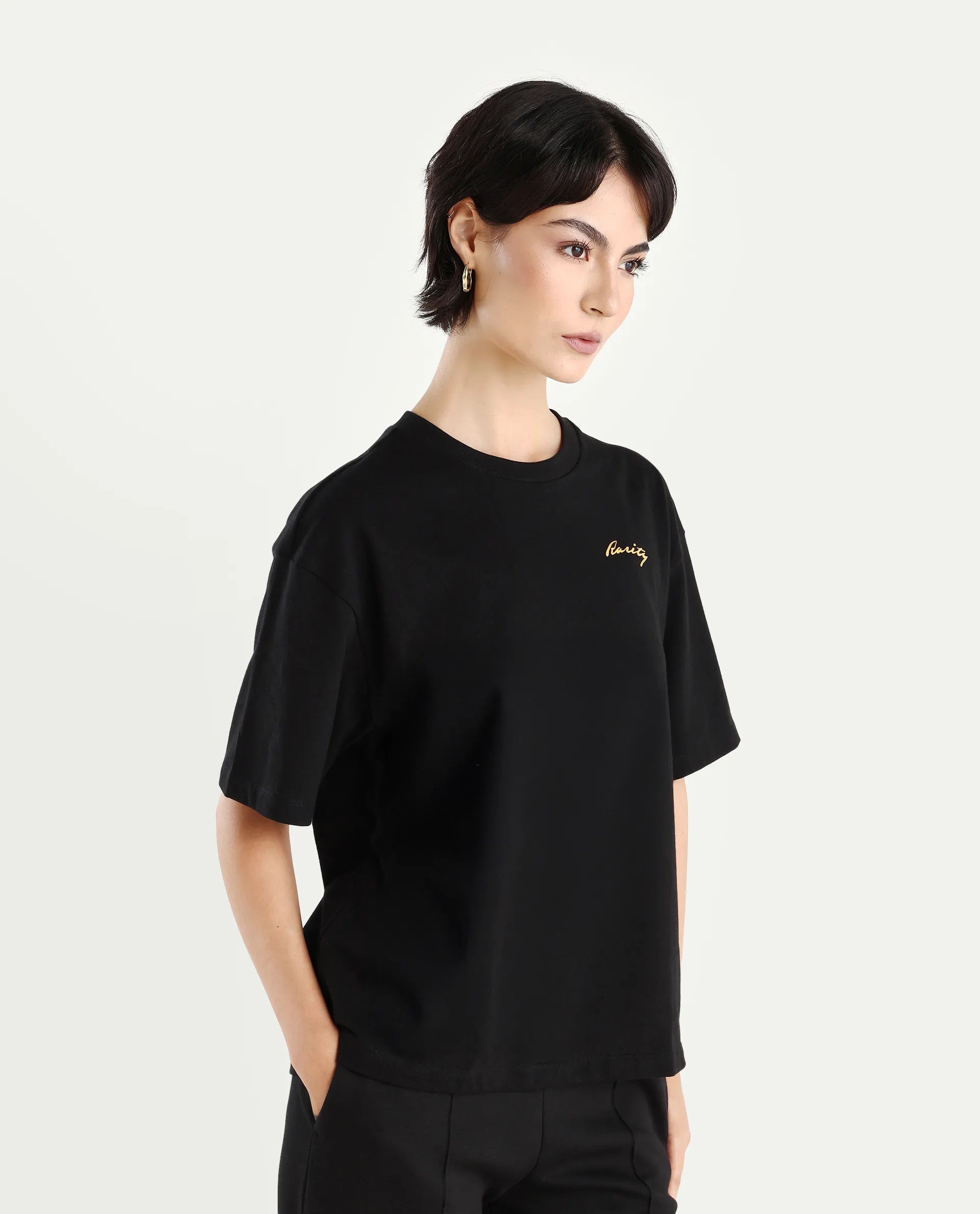 Rareism Women's Flex Black Cotton Blend Crew Neck Graphic Print Oversized T-Shirt