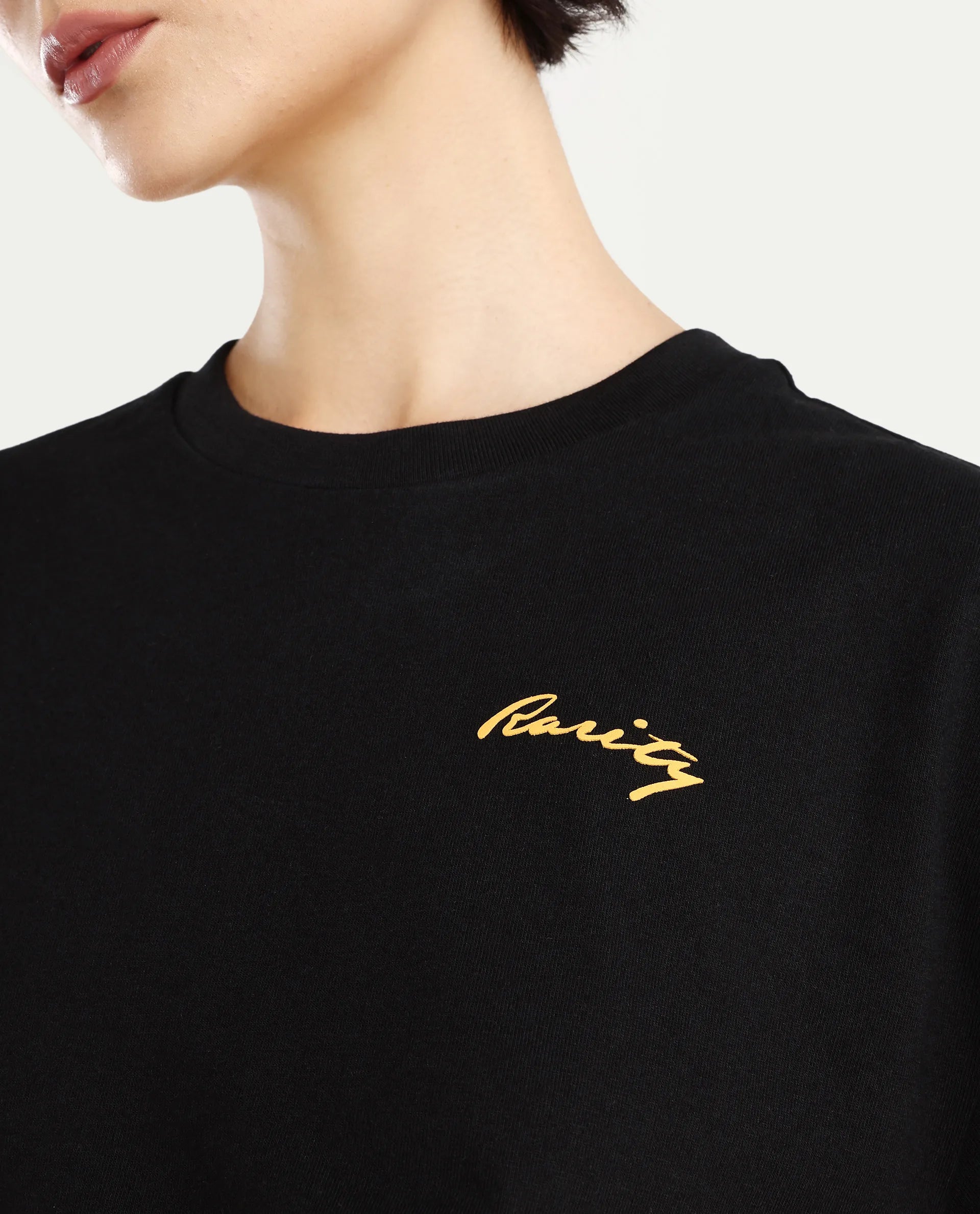 Rareism Women's Flex Black Cotton Blend Crew Neck Graphic Print Oversized T-Shirt