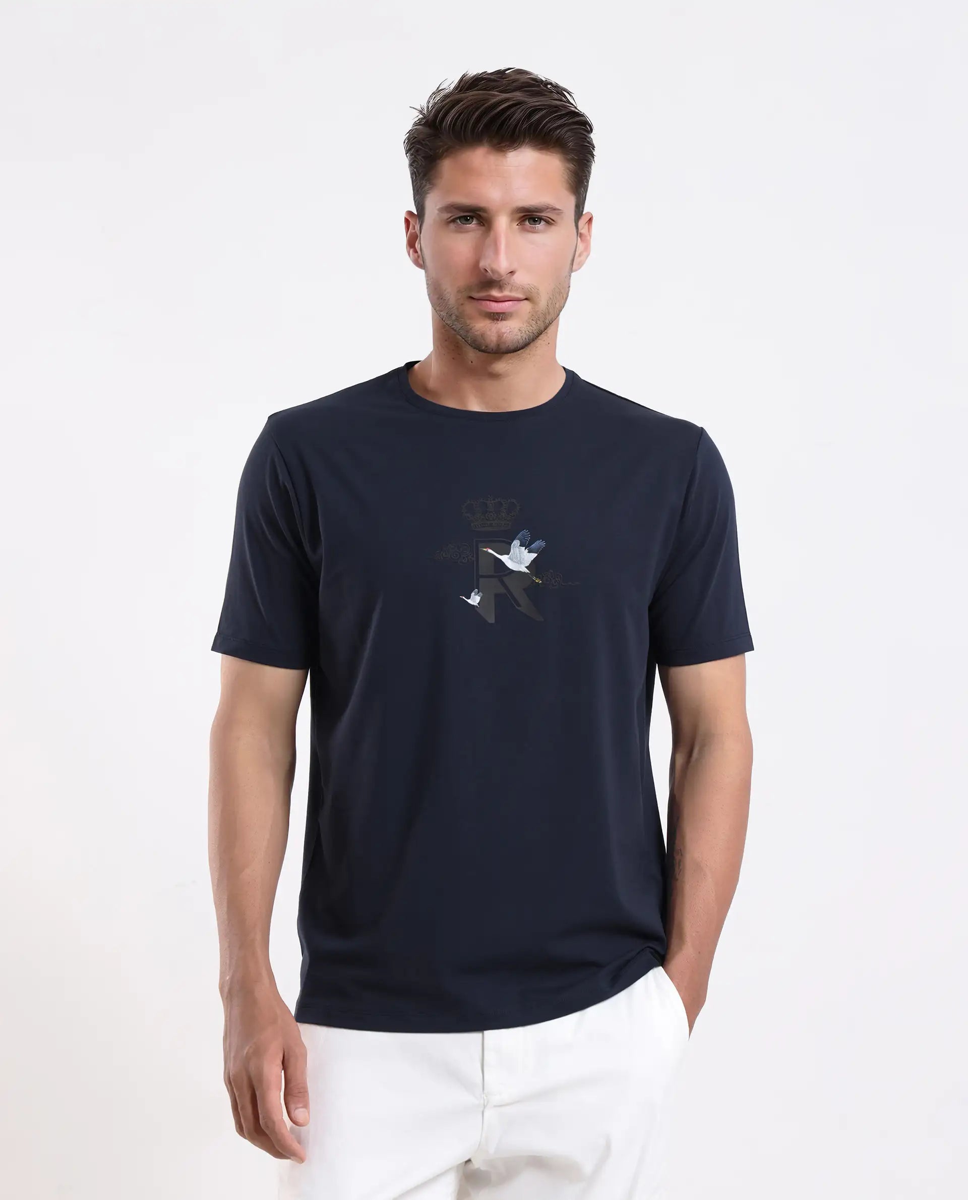 Rare Rabbit Men's Fliter Dark Blue Cotton Blend Fabric Short Sleeve Crew Neck Graphic Print T-Shirt