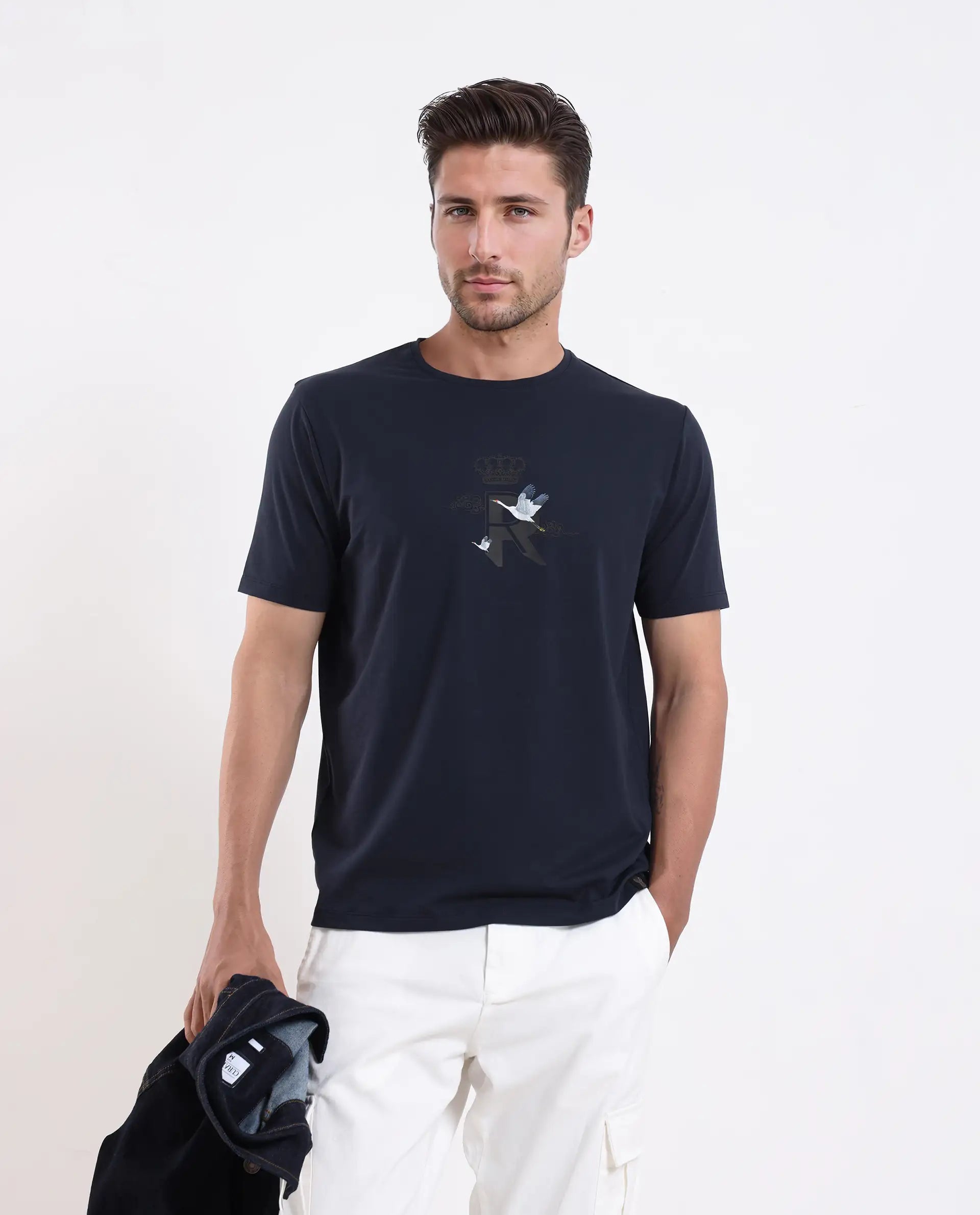 Rare Rabbit Men's Fliter Dark Blue Cotton Blend Fabric Short Sleeve Crew Neck Graphic Print T-Shirt