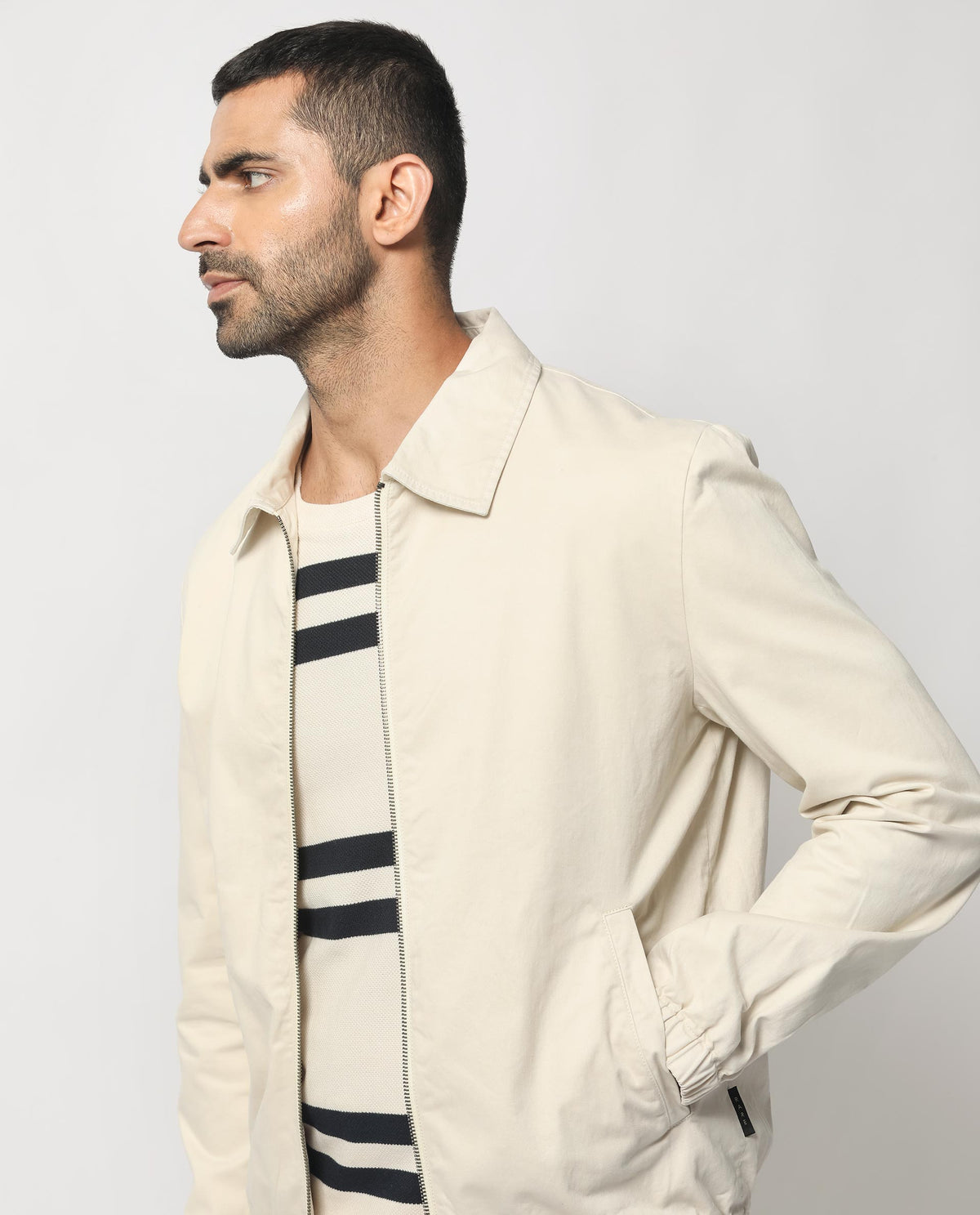 Rare Rabbit Men's Flinsten Beige Plain Regular Collar Twill Jacket