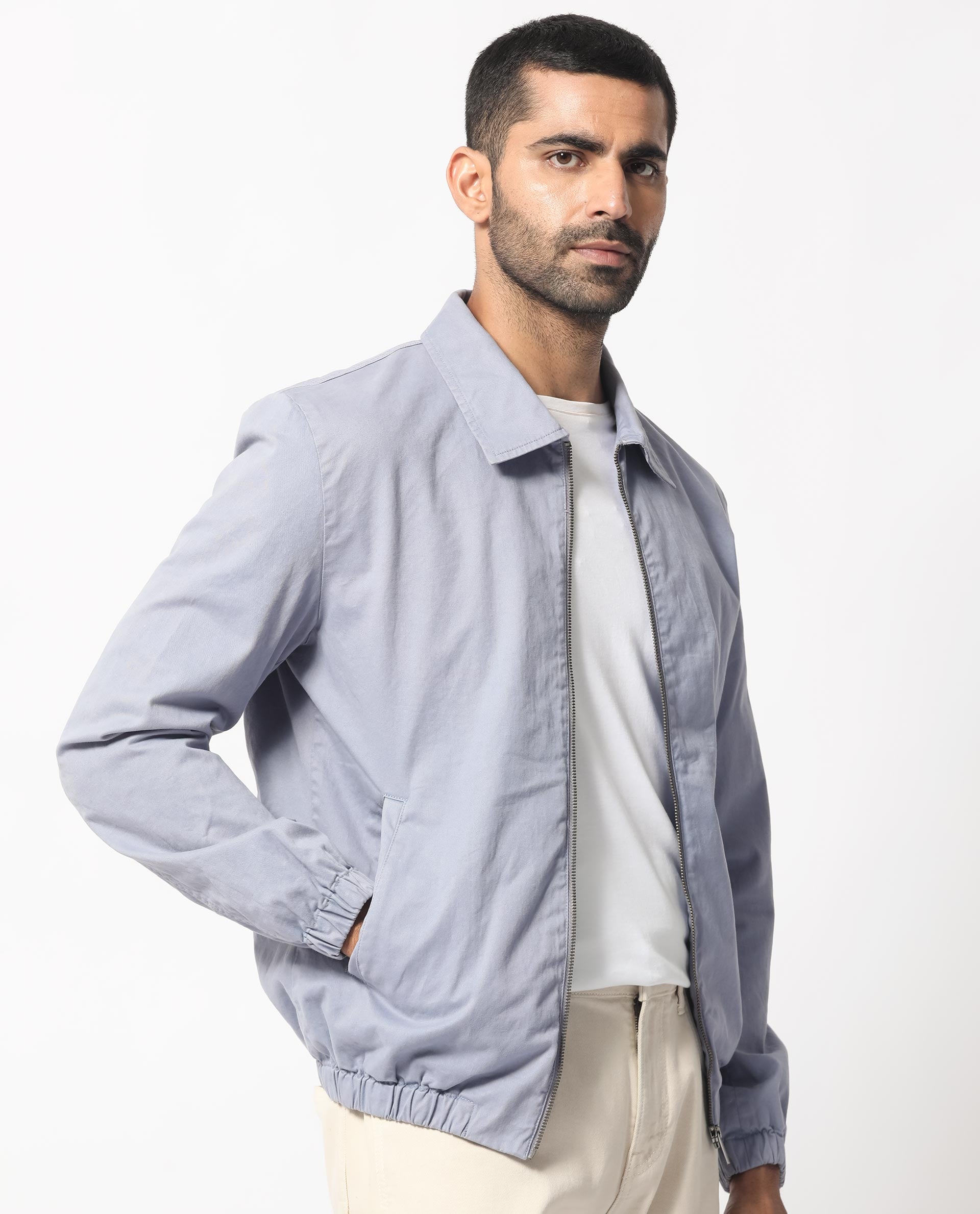 Rare Rabbit Men's Flinsten Dusky Blue Plain Regular Collar Twill Jacket