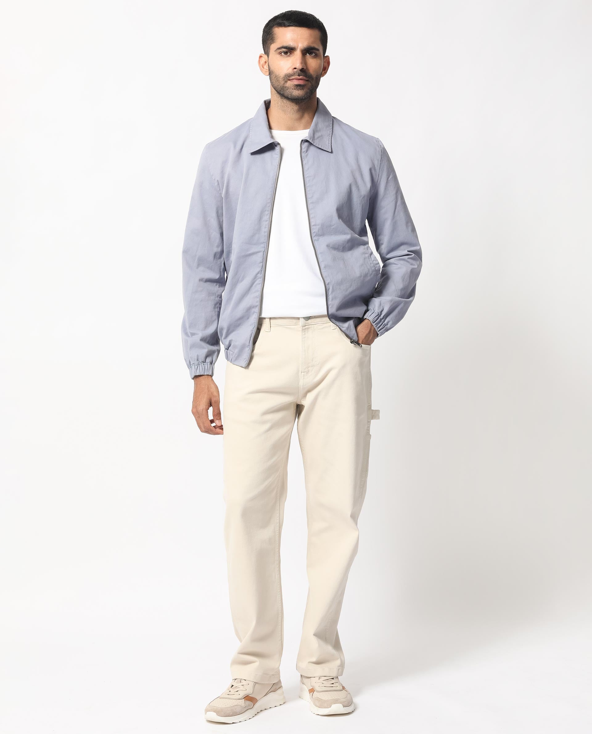 Rare Rabbit Men's Flinsten Dusky Blue Plain Regular Collar Twill Jacket