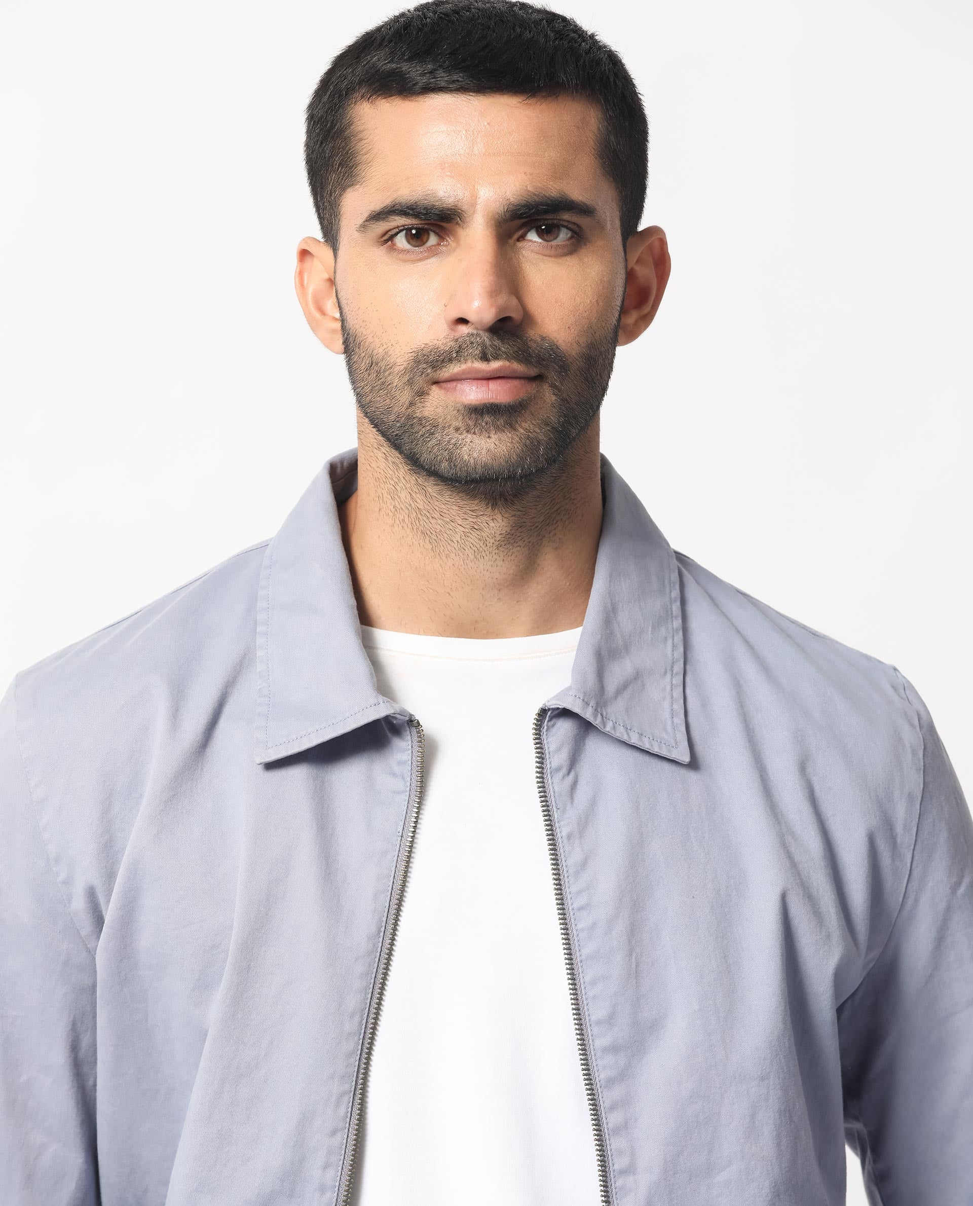 Rare Rabbit Men's Flinsten Dusky Blue Plain Regular Collar Twill Jacket