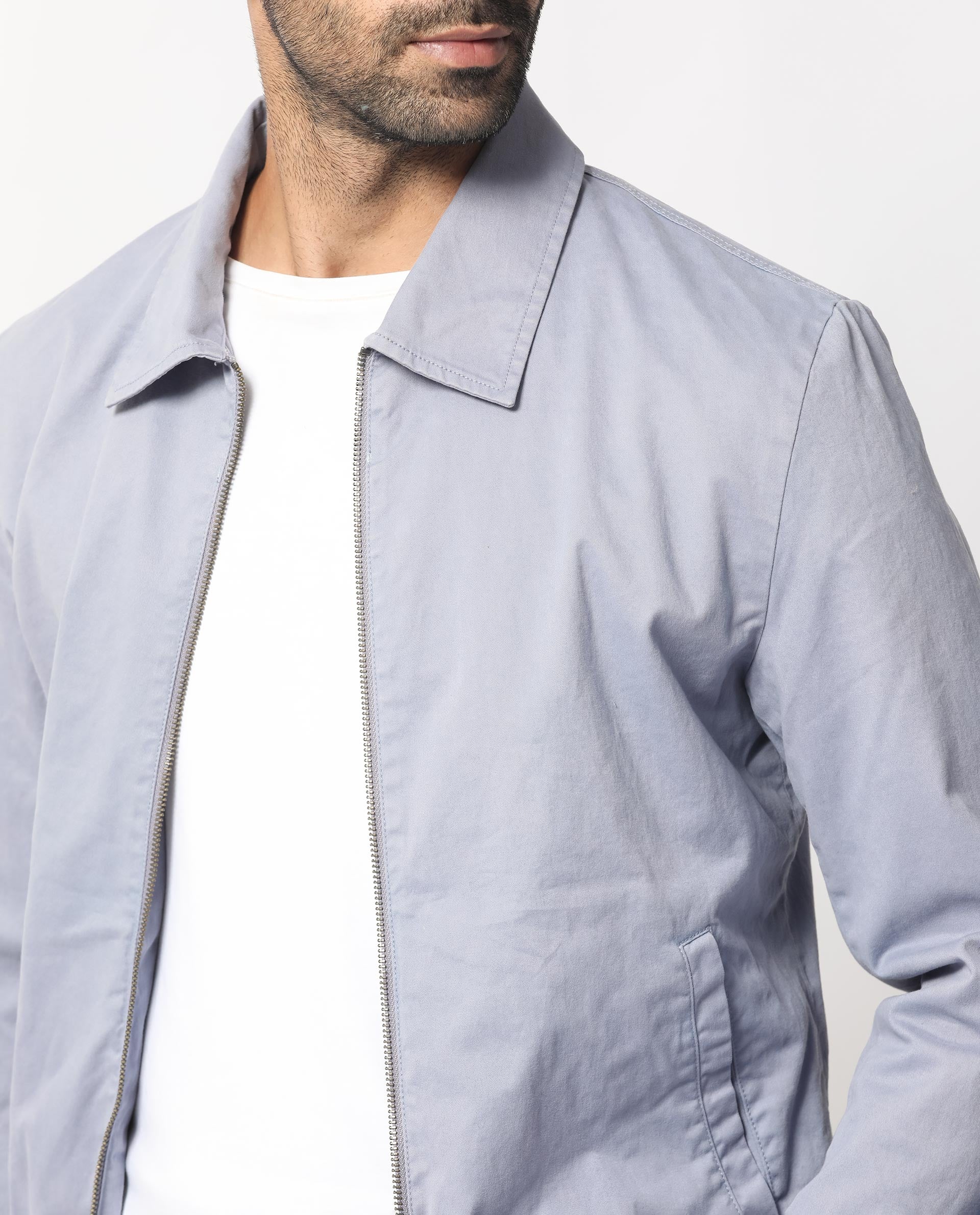 Rare Rabbit Men's Flinsten Dusky Blue Plain Regular Collar Twill Jacket