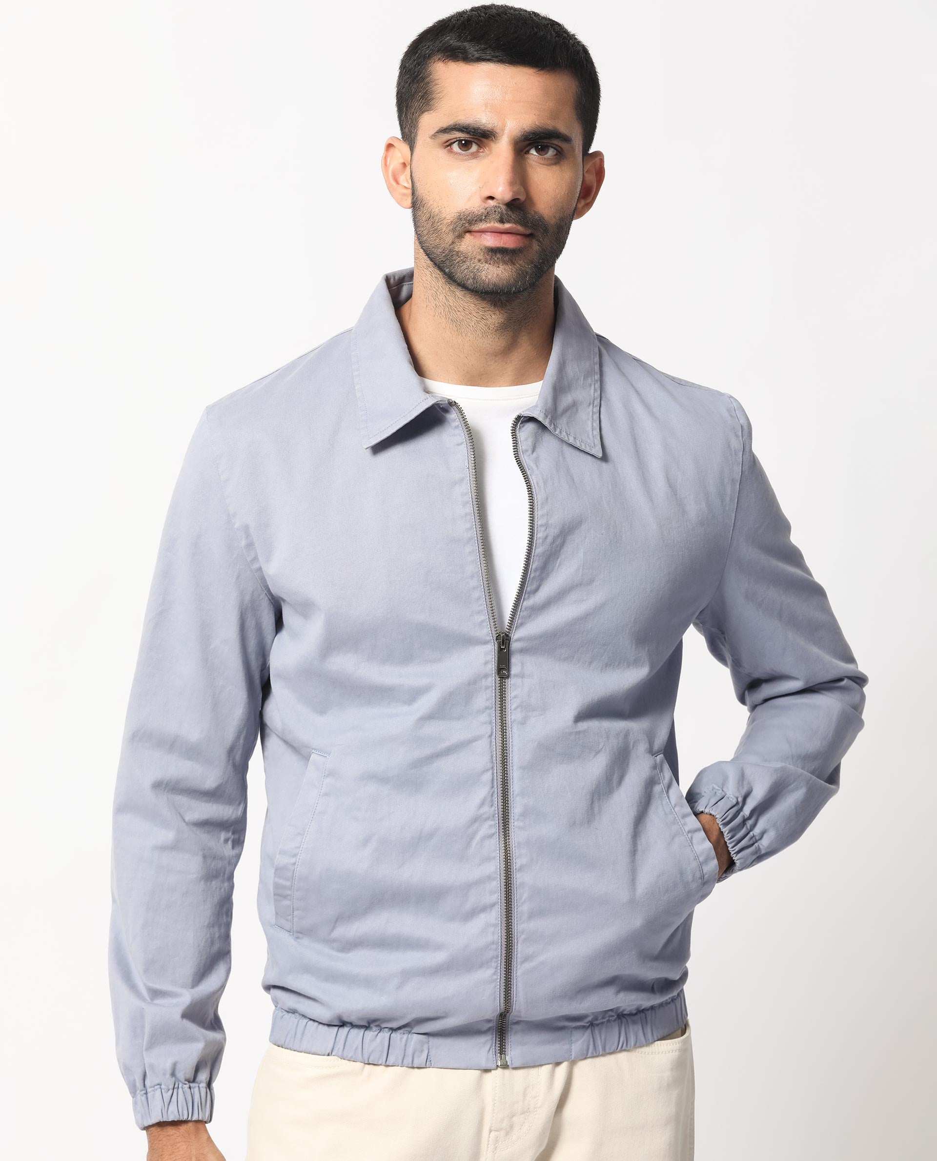 Rare Rabbit Men's Flinsten Dusky Blue Plain Regular Collar Twill Jacket